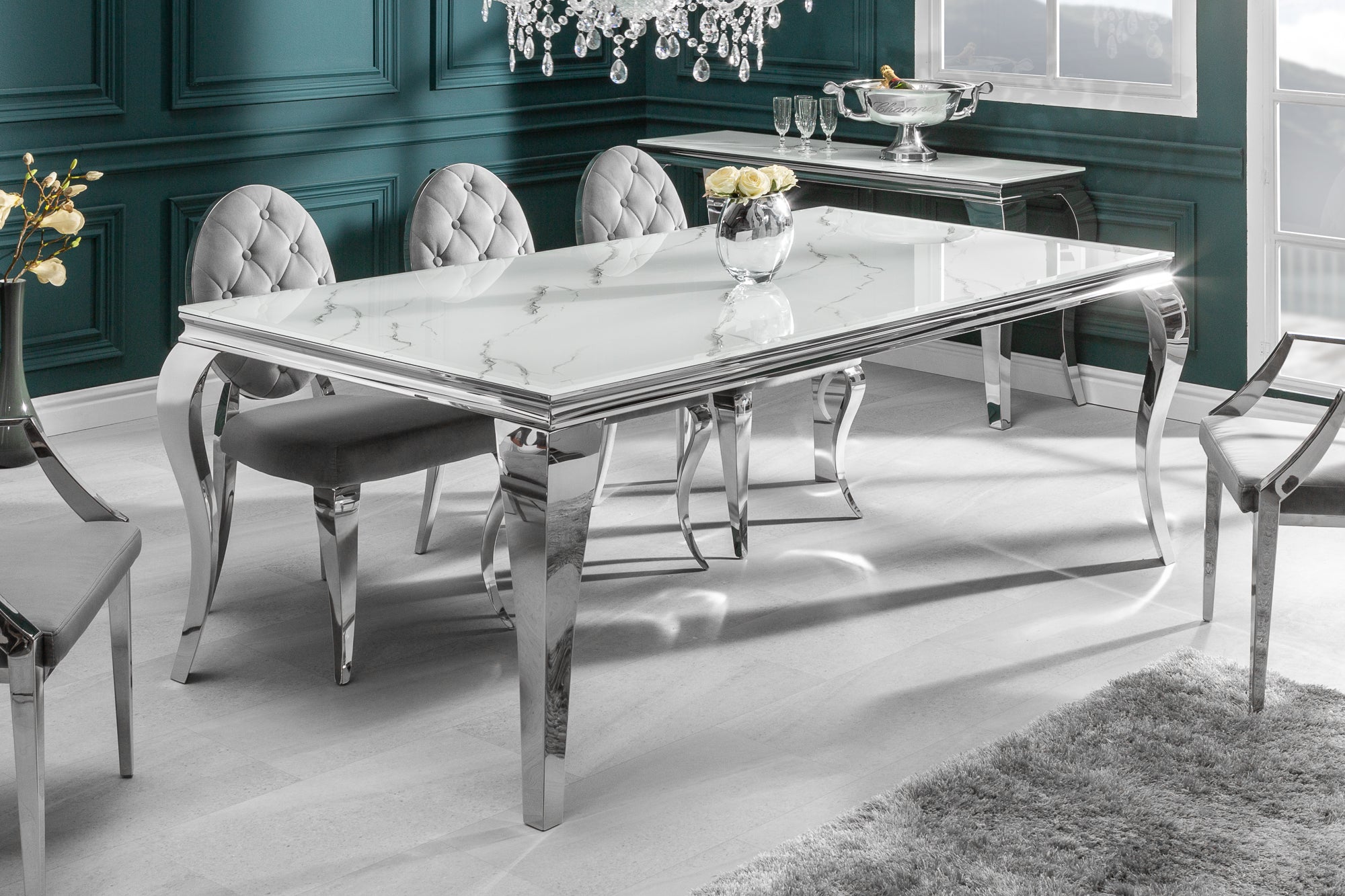 Table à manger design MODERNE BAROQUE 180cm plateau verre chromé blanc marbre pieds inox