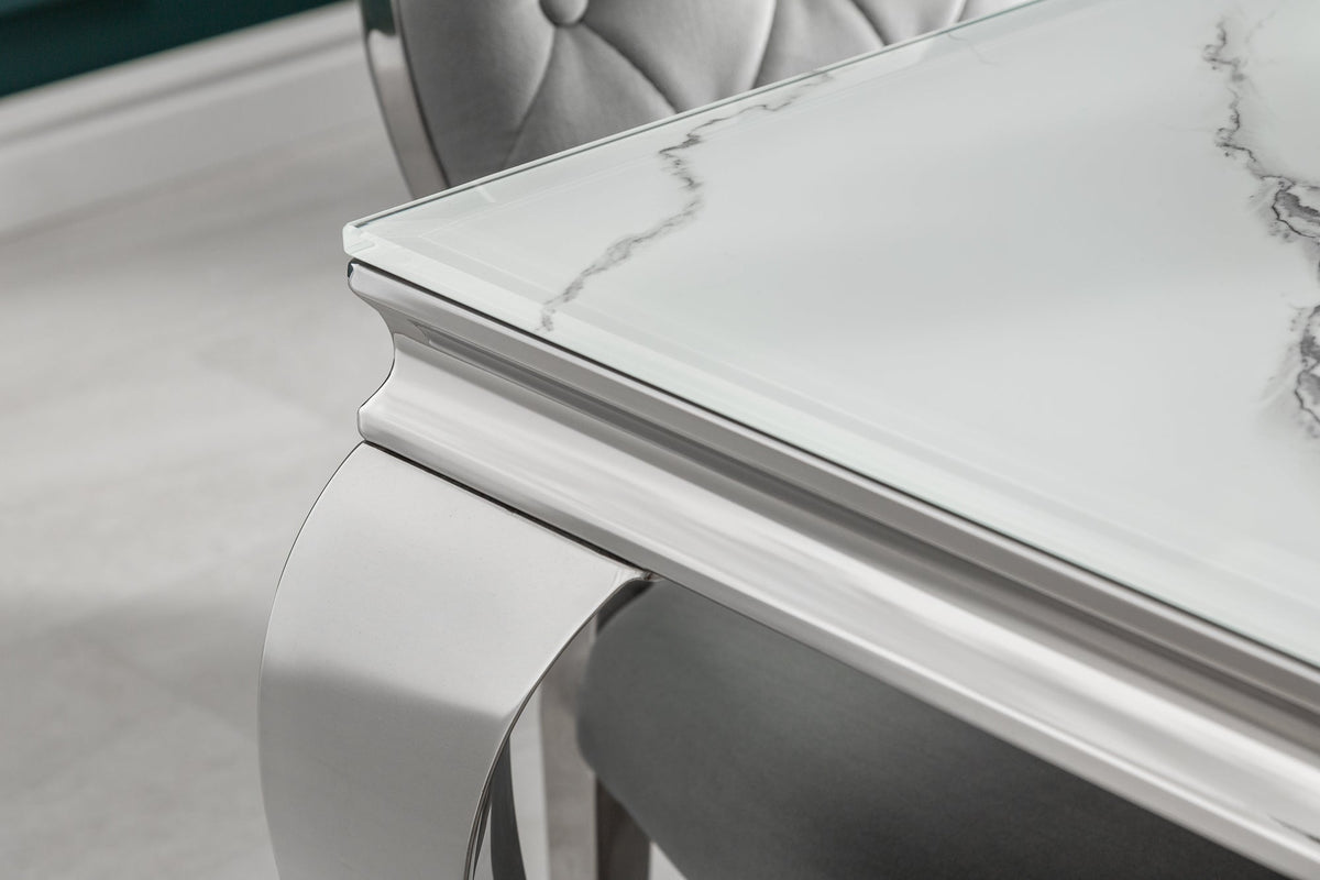 Table à manger design MODERNE BAROQUE 180cm plateau verre chromé blanc marbre pieds inox