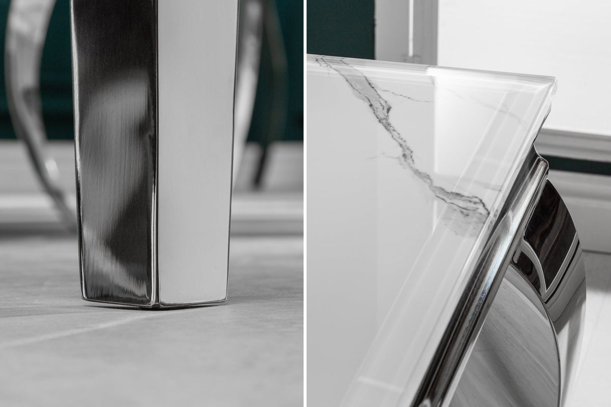 Table à manger design MODERNE BAROQUE 180cm plateau verre chromé blanc marbre pieds inox