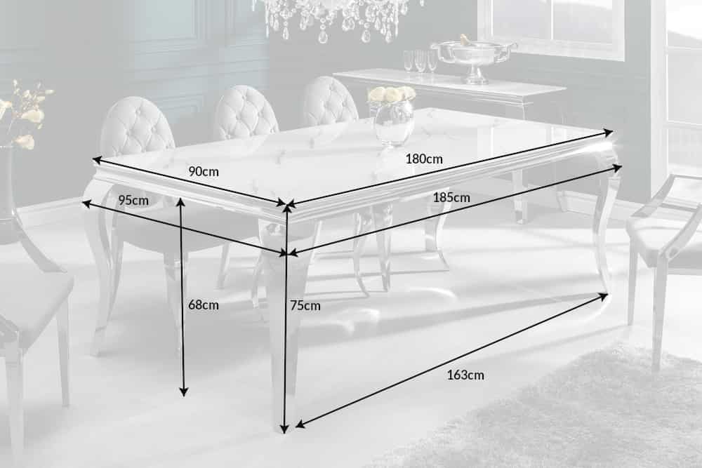 Table à manger design MODERNE BAROQUE 180cm plateau verre chromé blanc marbre pieds inox