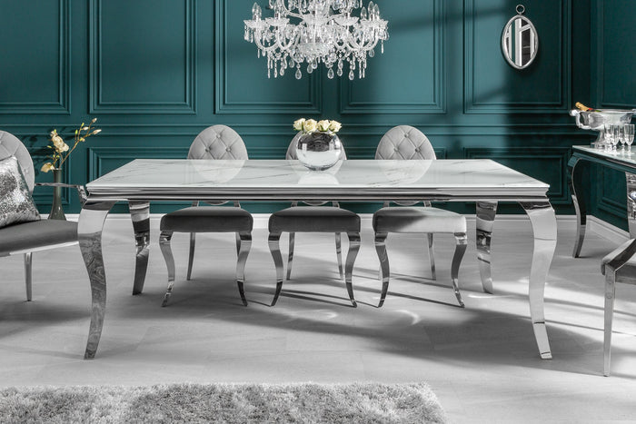 Table à manger design MODERNE BAROQUE 200cm blanc chrome plateau verre marbre pieds acier inoxydable