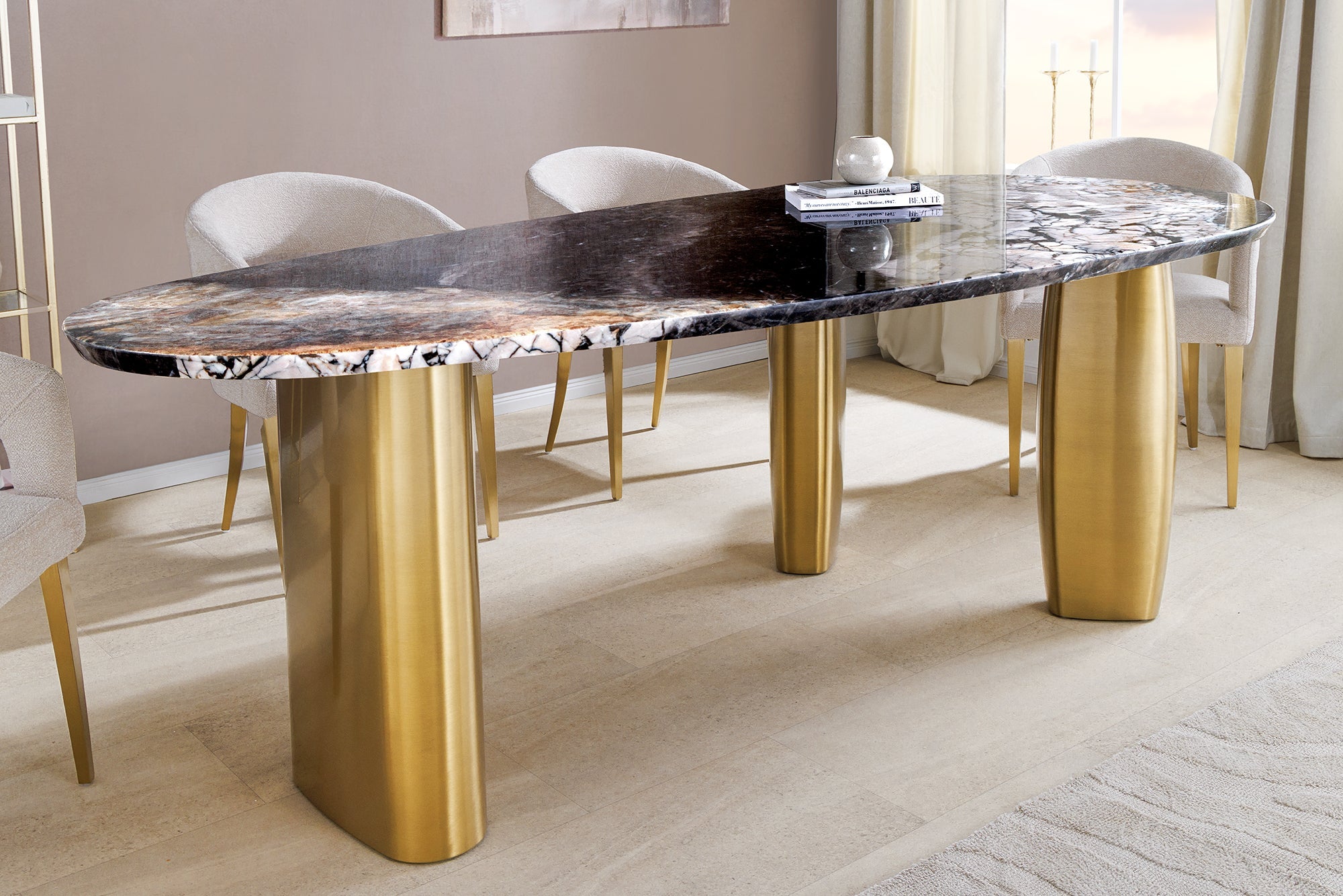 ORGANIC mesa de comedor de diseño 200cm gris blanco marrón piedra natural mármol cepillado metal oro