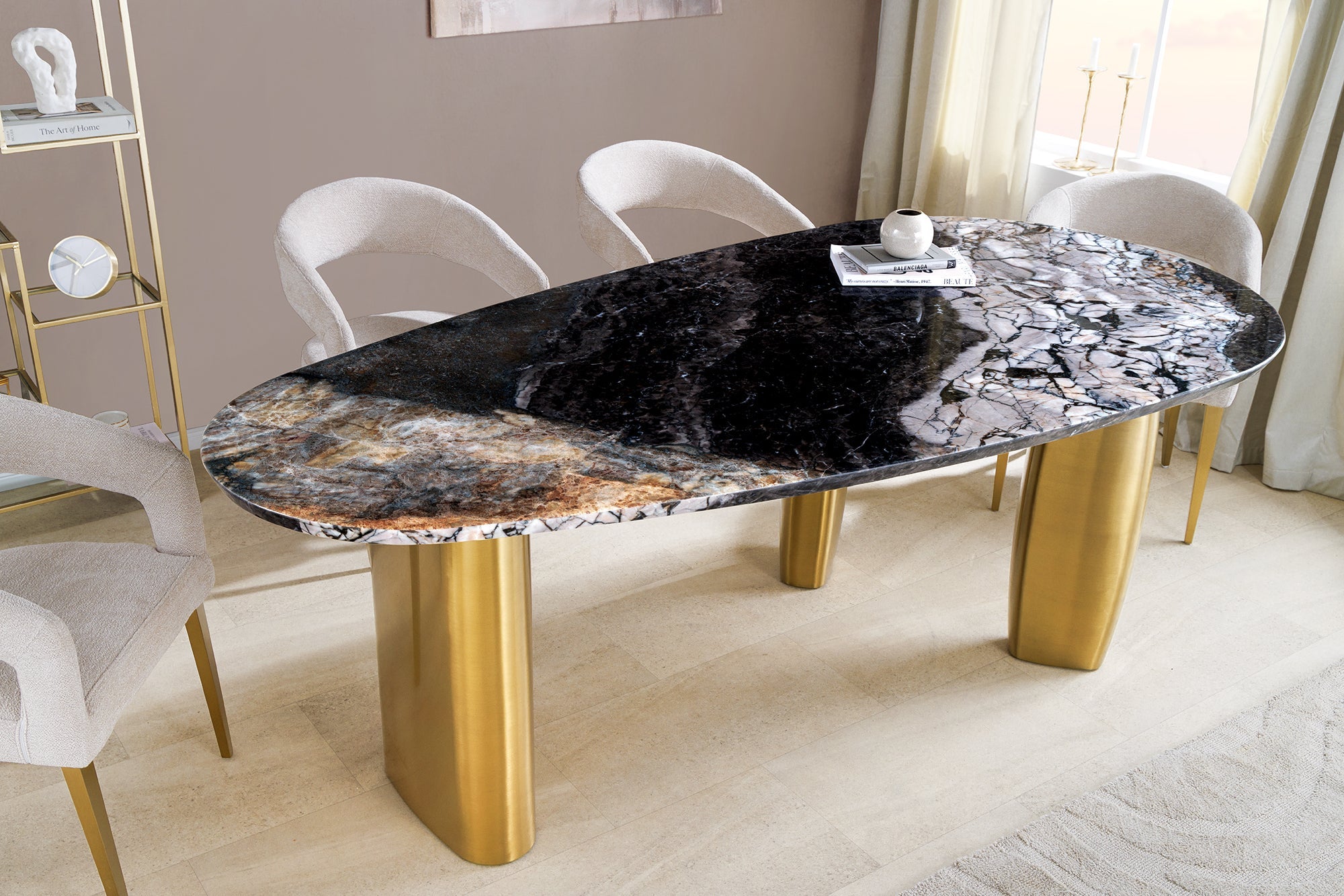 ORGANIC mesa de comedor de diseño 200cm gris blanco marrón piedra natural mármol cepillado metal oro