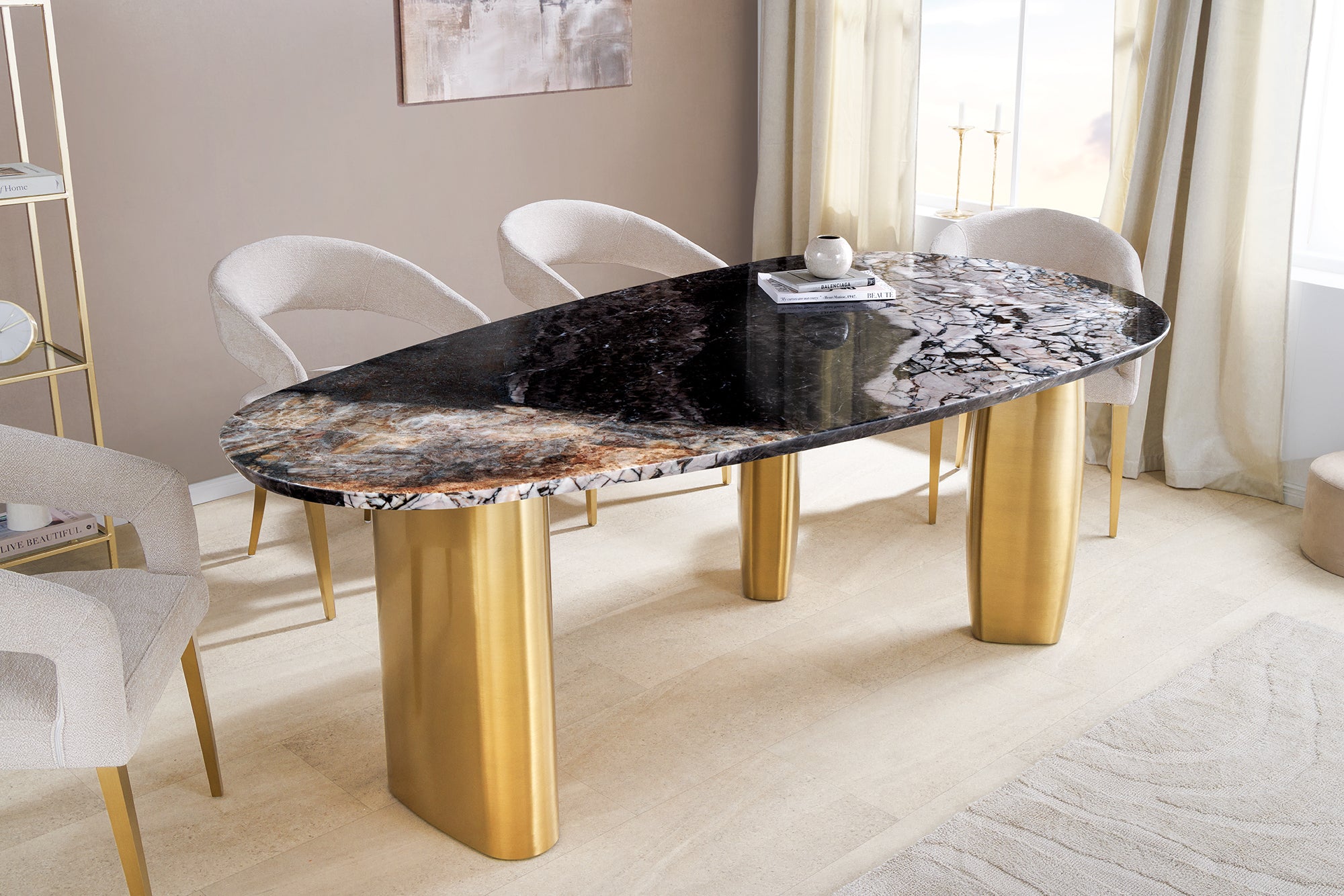 ORGANIC mesa de comedor de diseño 200cm gris blanco marrón piedra natural mármol cepillado metal oro