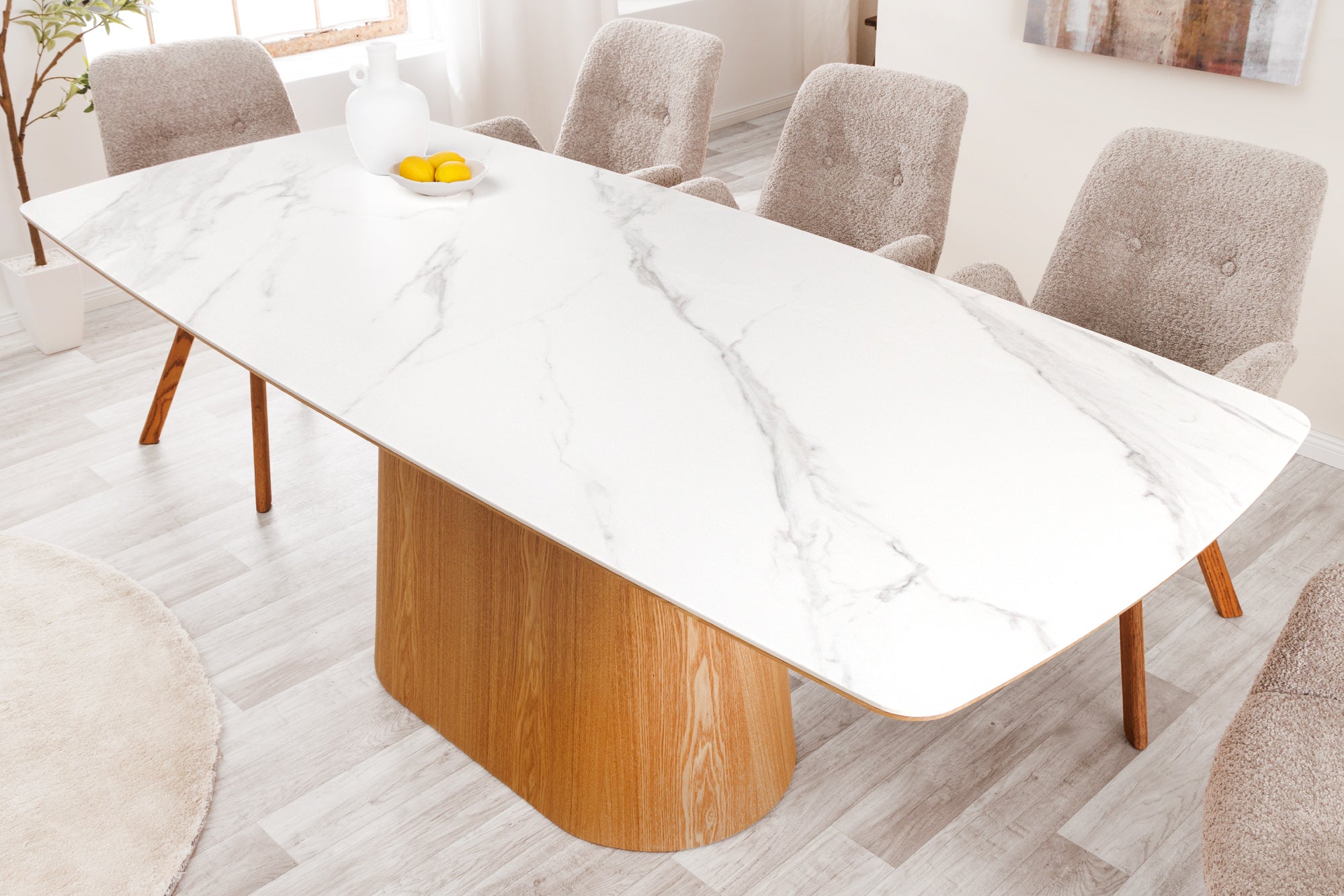 Mesa de comedor de diseño ÚNICO 200cm roble blanco base de columna de mármol cerámica