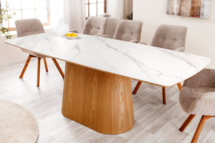 Table à manger design UNIQUE 200cm chêne blanc céramique base colonne marbre