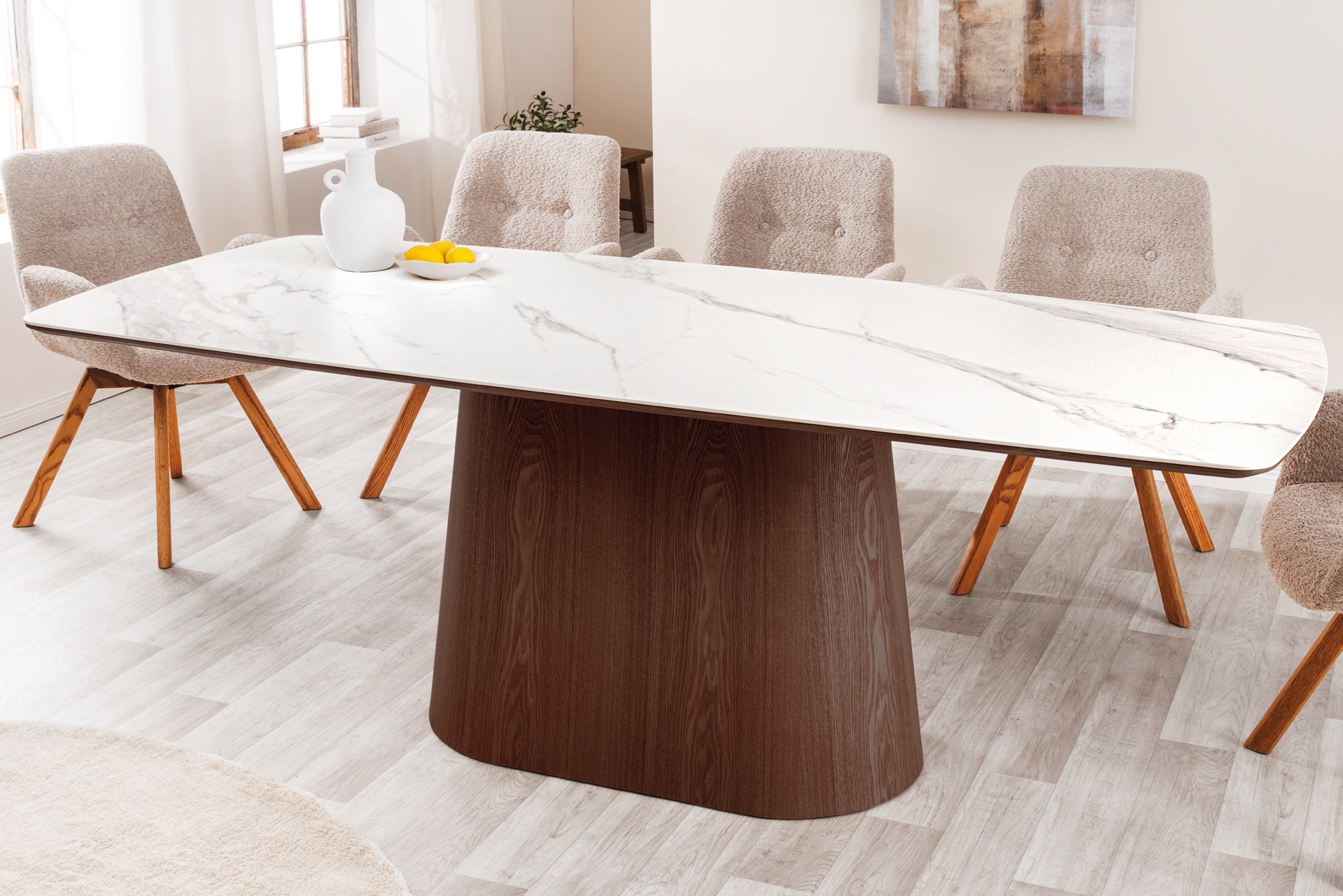 Mesa de comedor de diseño ÚNICO 200cm nogal blanco cerámica columna base