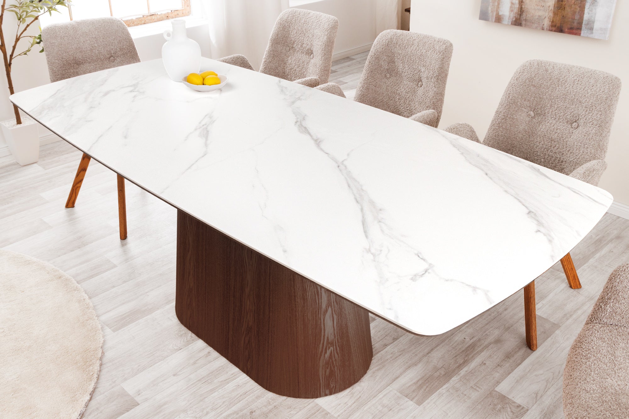 Mesa de comedor de diseño ÚNICO 200cm nogal blanco cerámica columna base