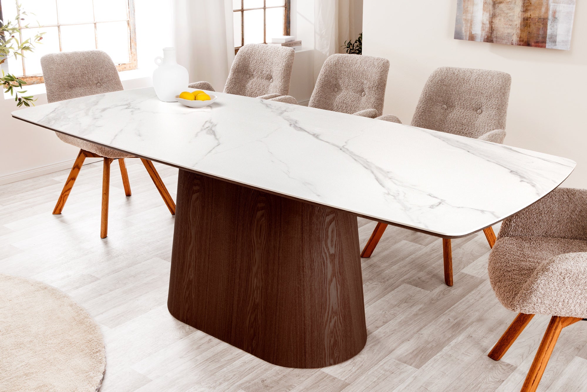 Mesa de comedor de diseño ÚNICO 200cm nogal blanco cerámica columna base