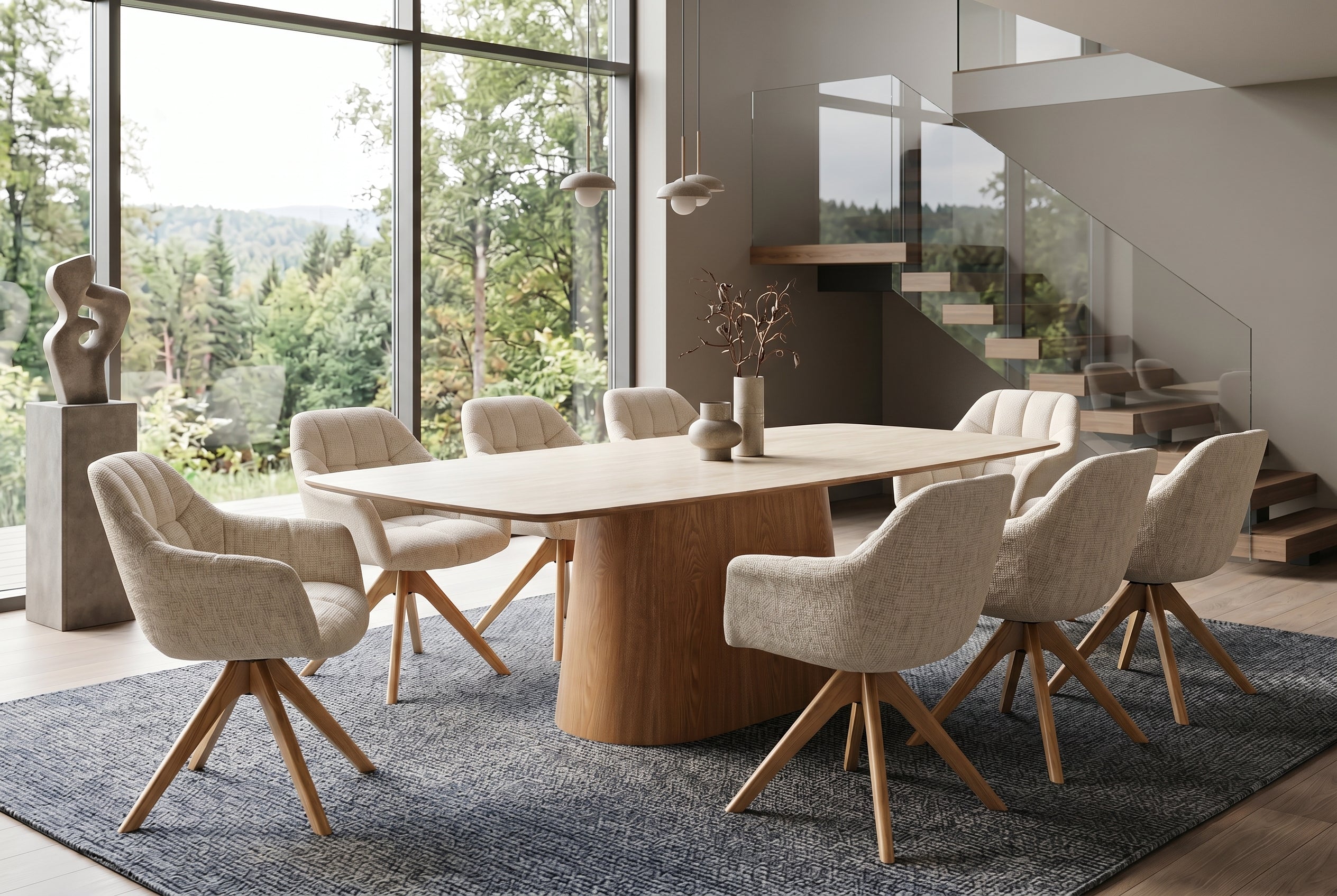 Table à manger design UNIQUE 200cm piètement pilier en chêne céramique travertin marron naturel