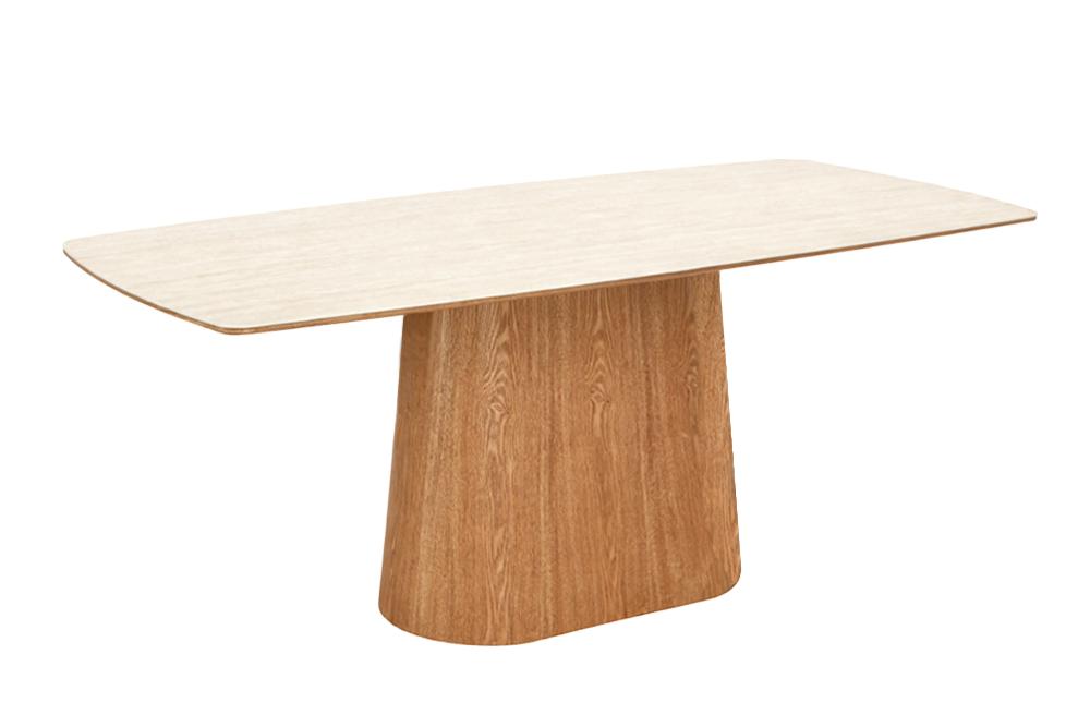Table à manger design UNIQUE 200cm piètement pilier en chêne céramique travertin marron naturel