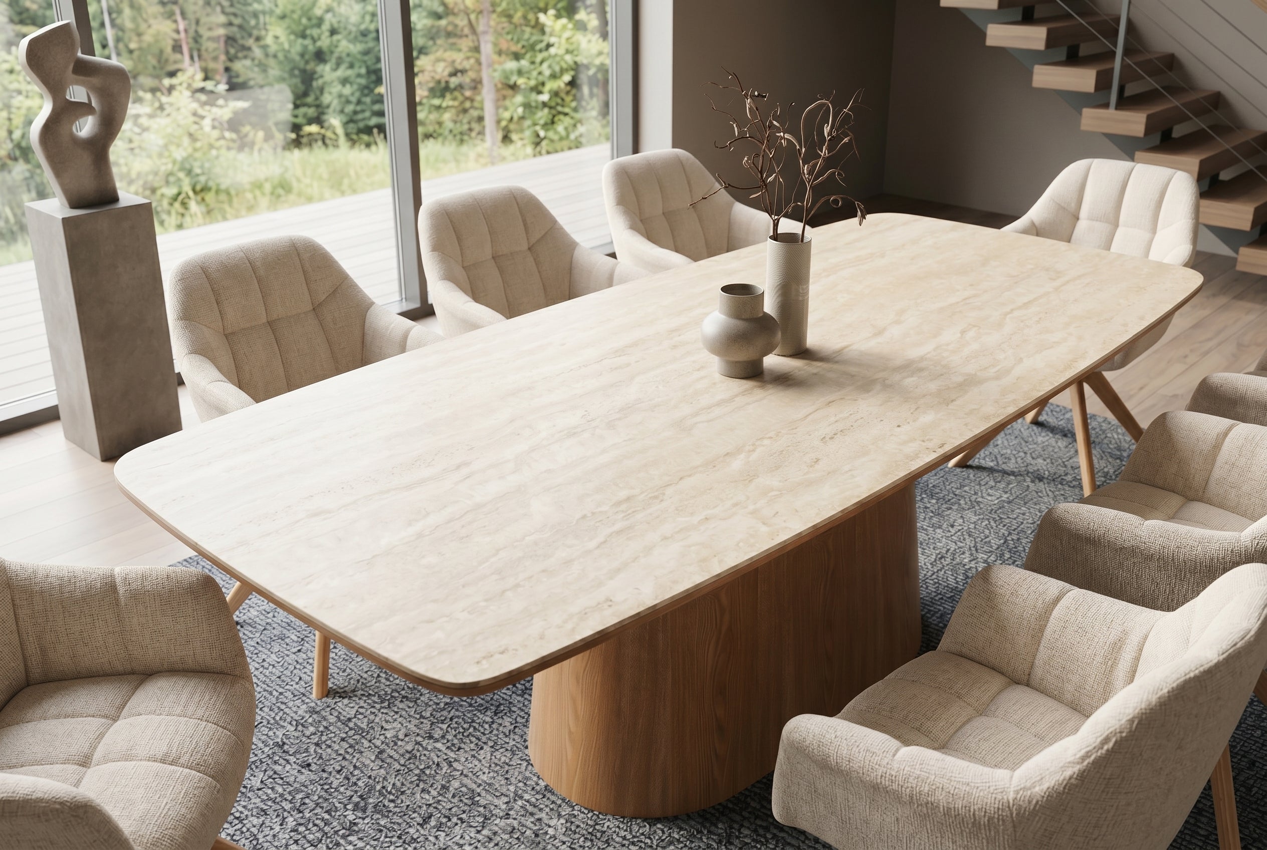 Table à manger design UNIQUE 200cm piètement pilier en chêne céramique travertin marron naturel