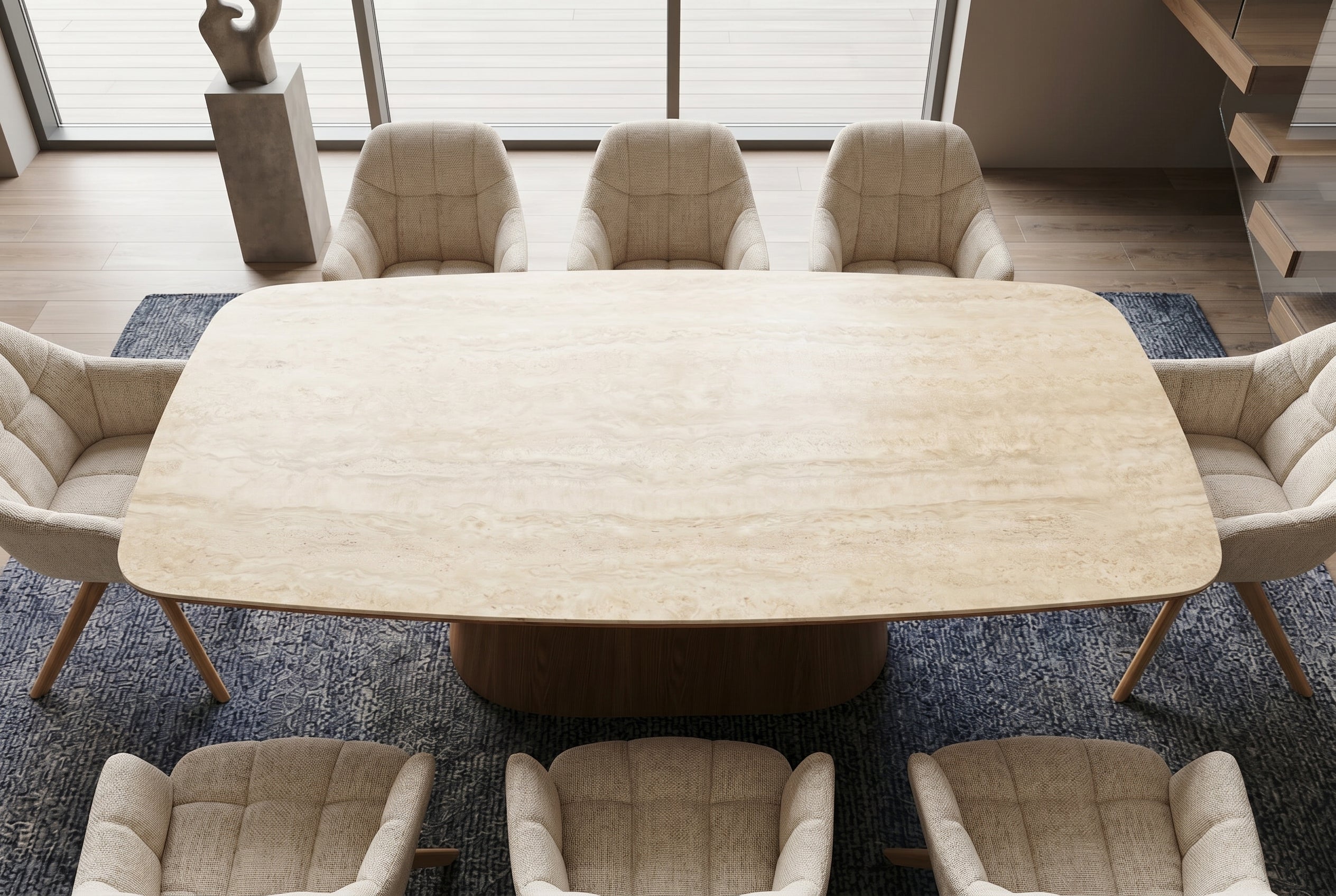 Table à manger design UNIQUE 200cm piètement pilier en chêne céramique travertin marron naturel