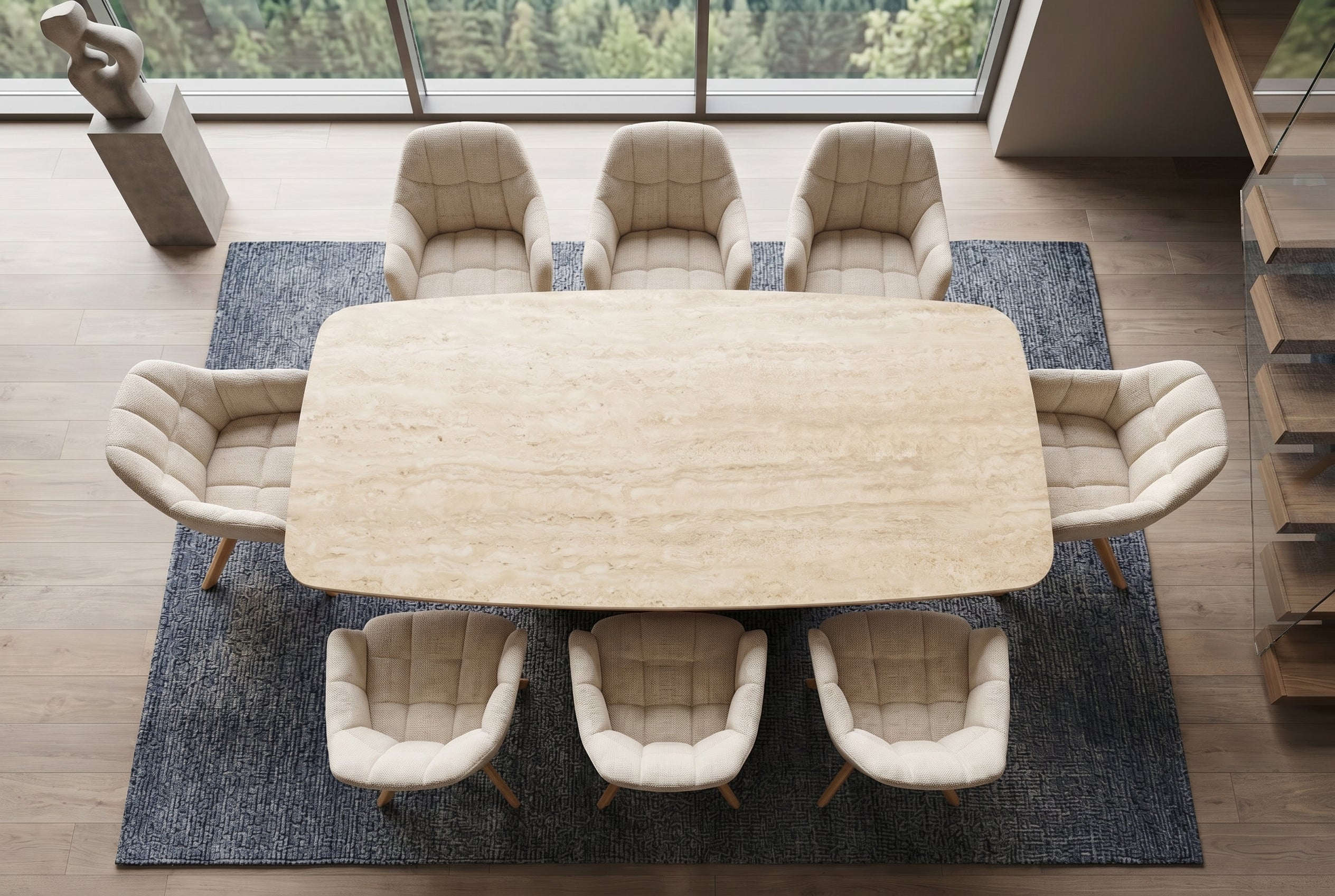 Table à manger design UNIQUE 200cm piètement pilier en chêne céramique travertin marron naturel