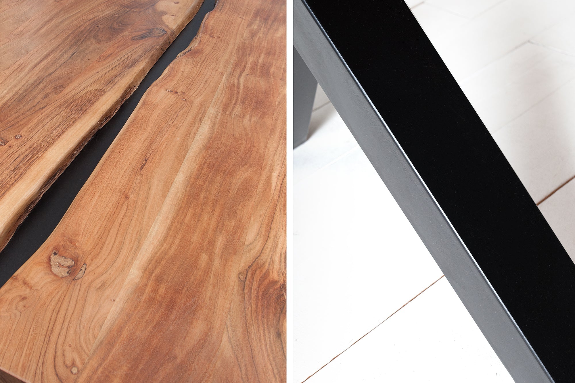 AMAZONAS Mesa de comedor de madera maciza de 200 cm acacia natural estructura metálica en forma de X borde de árbol negro