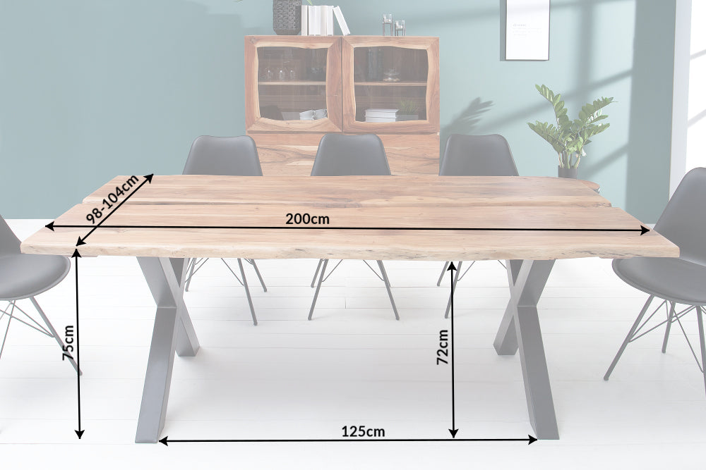AMAZONAS Mesa de comedor de madera maciza de 200 cm acacia natural estructura metálica en forma de X borde de árbol negro