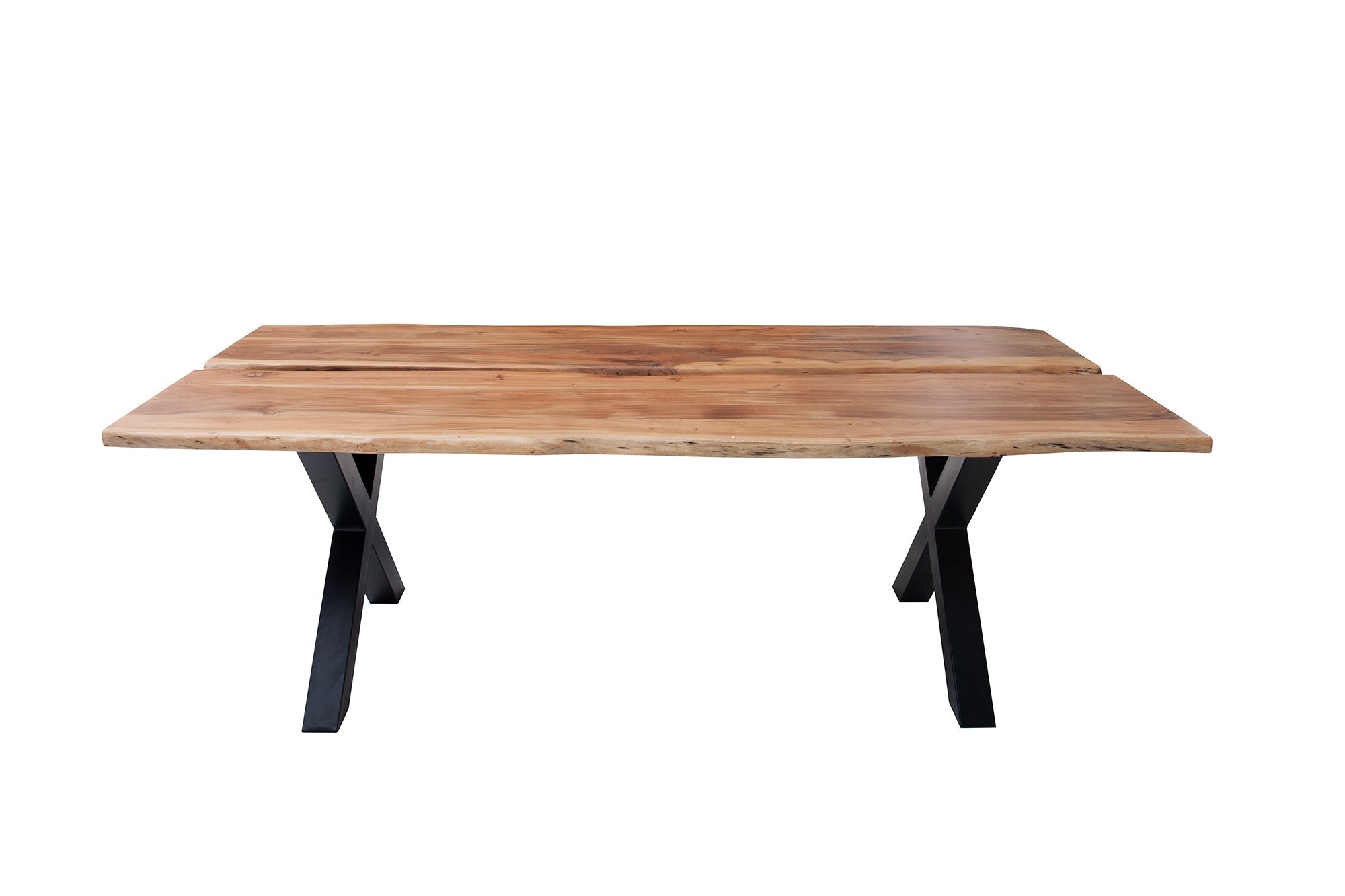 AMAZONAS Mesa de comedor de madera maciza de 200 cm acacia natural estructura metálica en forma de X borde de árbol negro