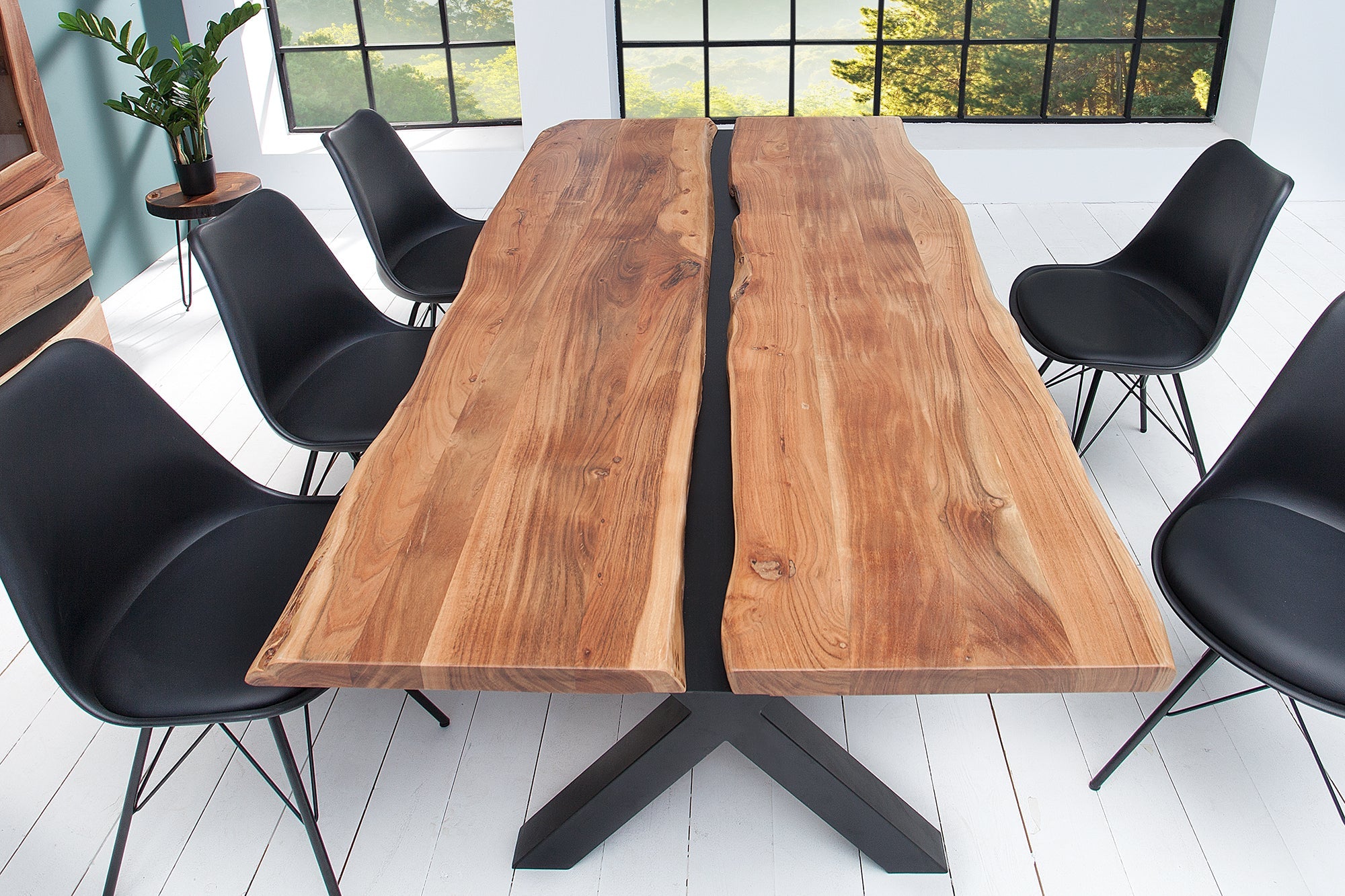 AMAZONAS Mesa de comedor de madera maciza de 200 cm acacia natural estructura metálica en forma de X borde de árbol negro