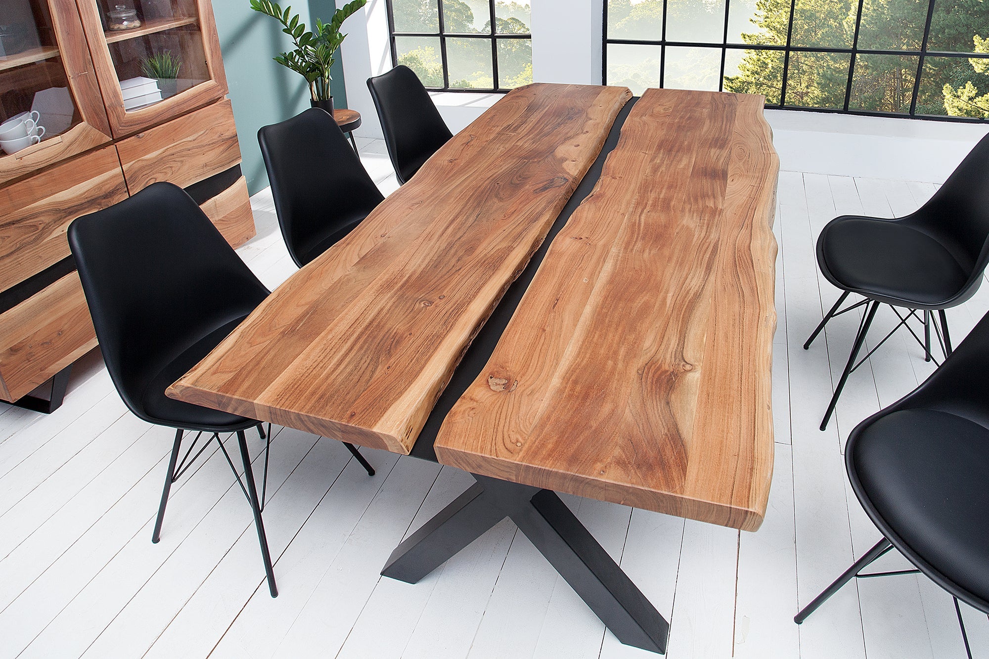 AMAZONAS Mesa de comedor de madera maciza de 200 cm acacia natural estructura metálica en forma de X borde de árbol negro