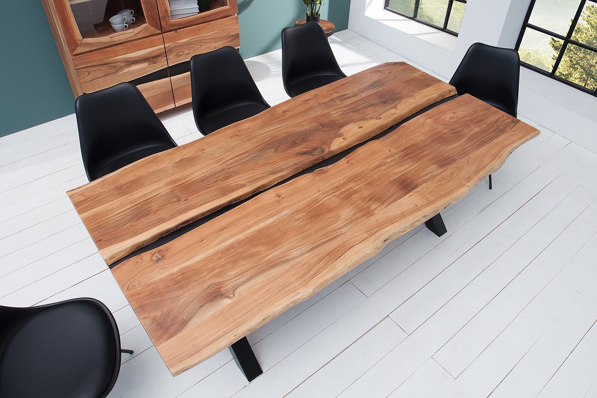 AMAZONAS Mesa de comedor de madera maciza de 200 cm acacia natural estructura metálica en forma de X borde de árbol negro