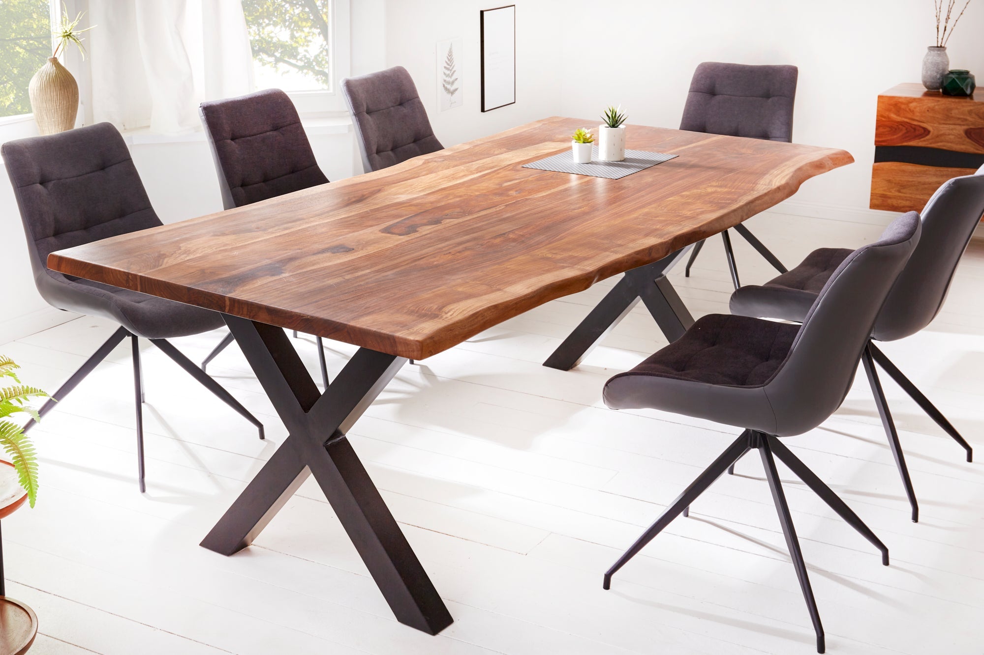 AMAZONAS mesa de comedor de madera maciza 220 cm Sesham marrón negro marco en forma de X