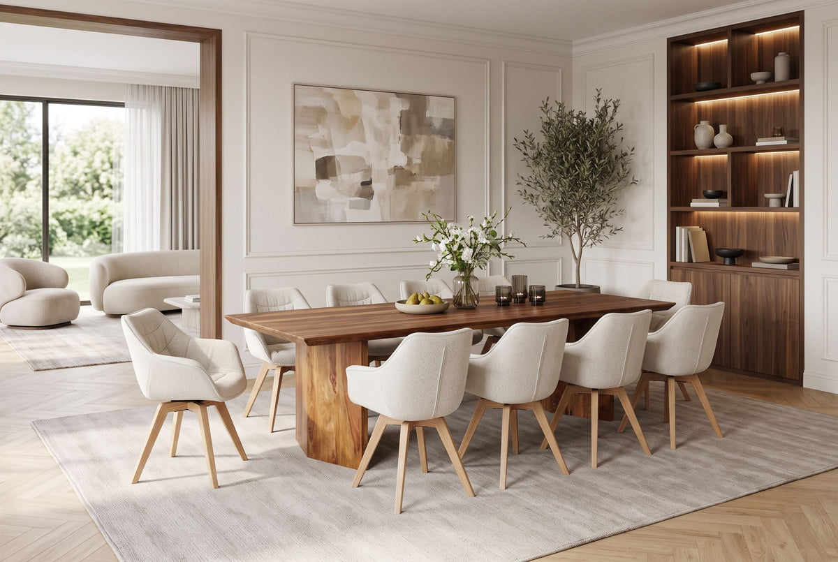 Table à manger en bois massif DIAMOND 240cm finition pierre marron Sheesham avec chant suisse