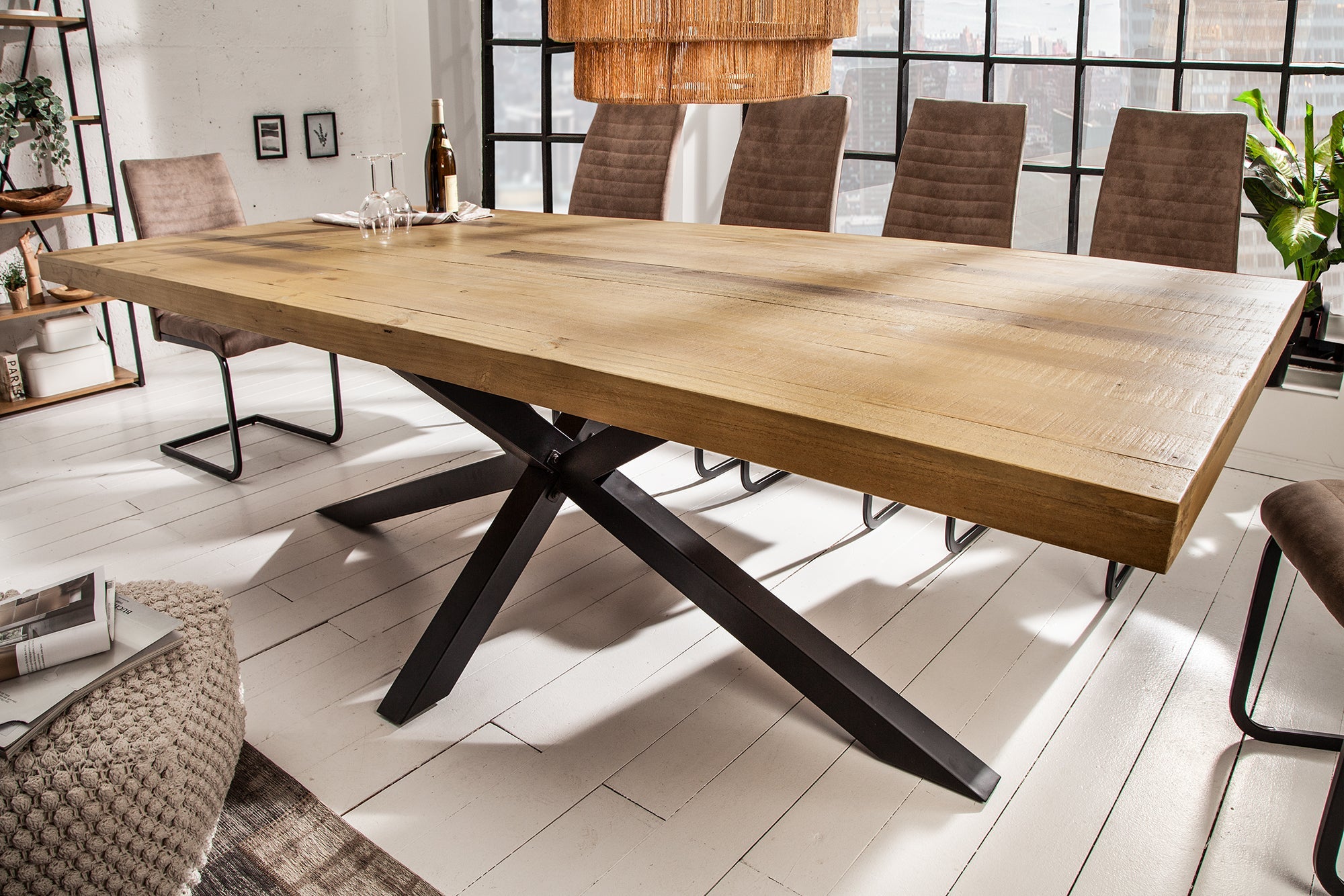 GALAXIE 200cm mesa de comedor de madera maciza vintage pino marrón reciclado diseño industrial