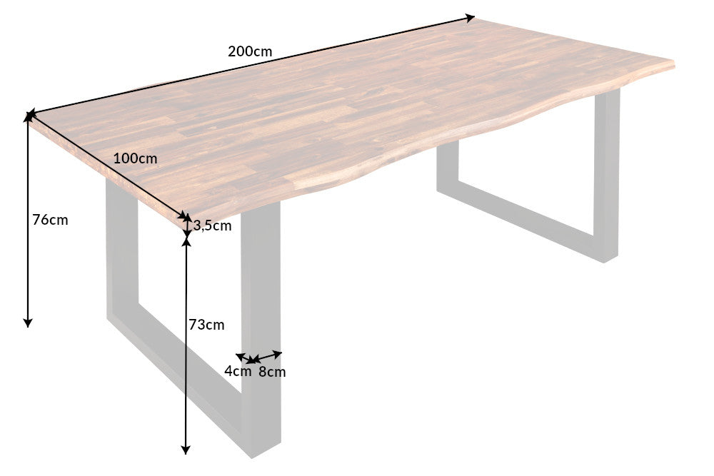 GENESIS mesa de comedor de madera maciza 200cm acacia flameado marrón hierro árbol borde negro