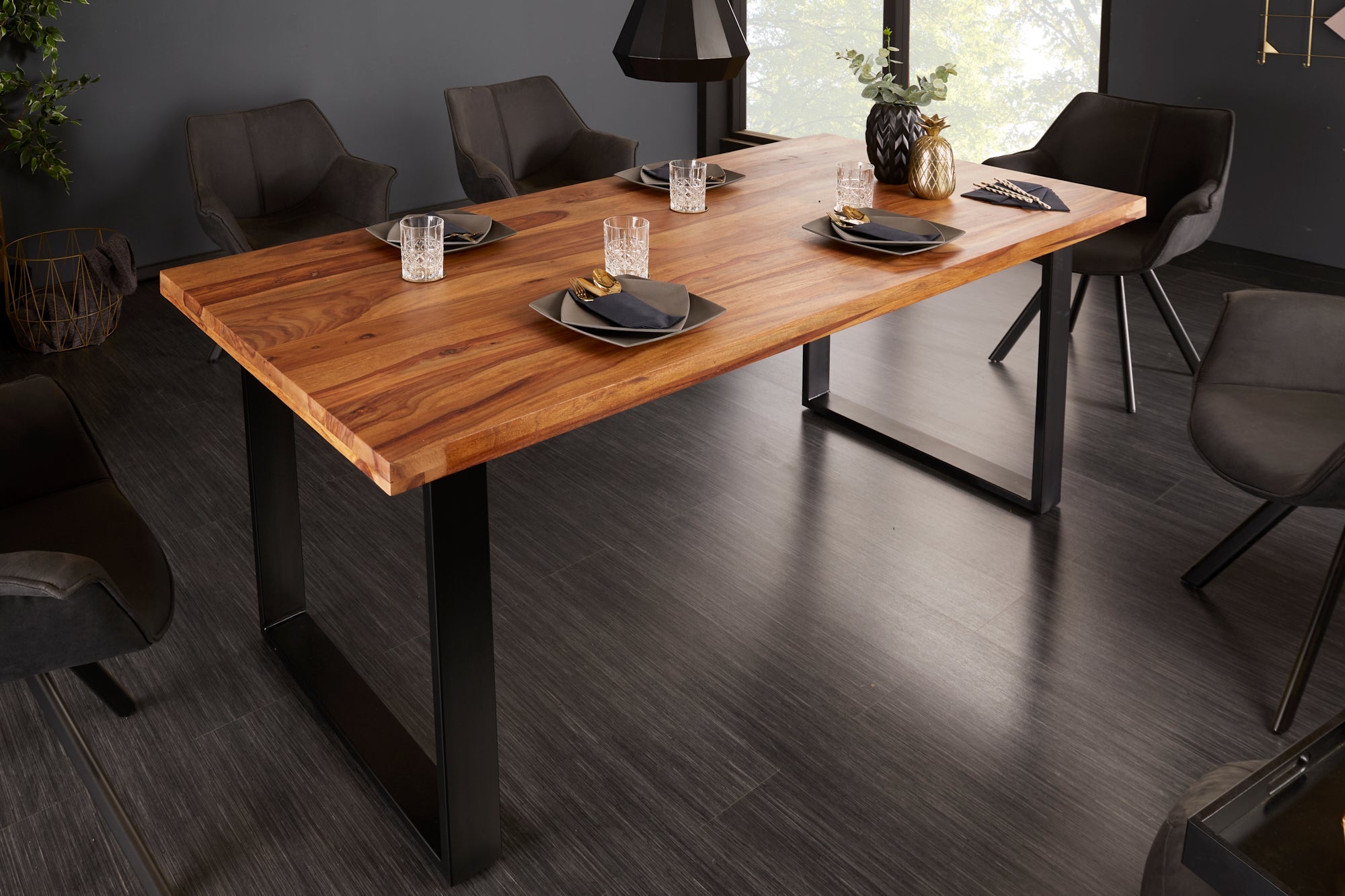 Mesa de comedor de madera maciza IRON CRAFT 160 cm marrón negro Sheesham acabado piedra Industrial