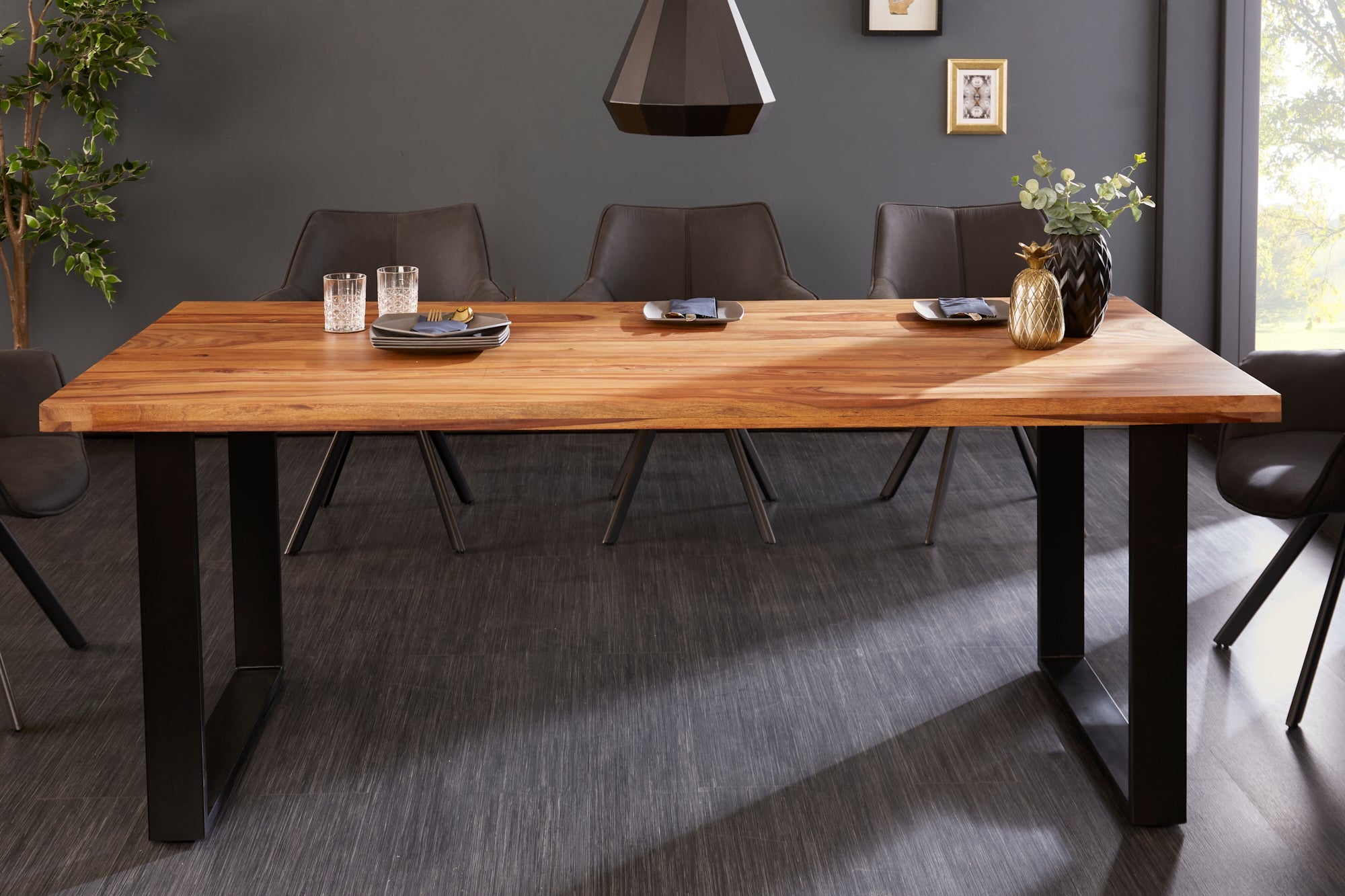 Mesa de comedor de madera maciza IRON CRAFT 160 cm marrón negro Sheesham acabado piedra Industrial