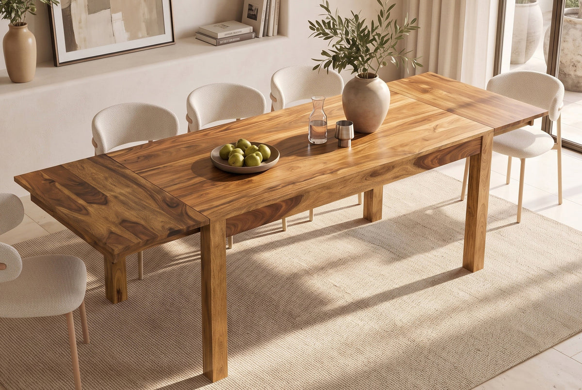 Table à manger en bois massif MAKASSAR 160-200-240cm finition pierre marron Sheesham extensible