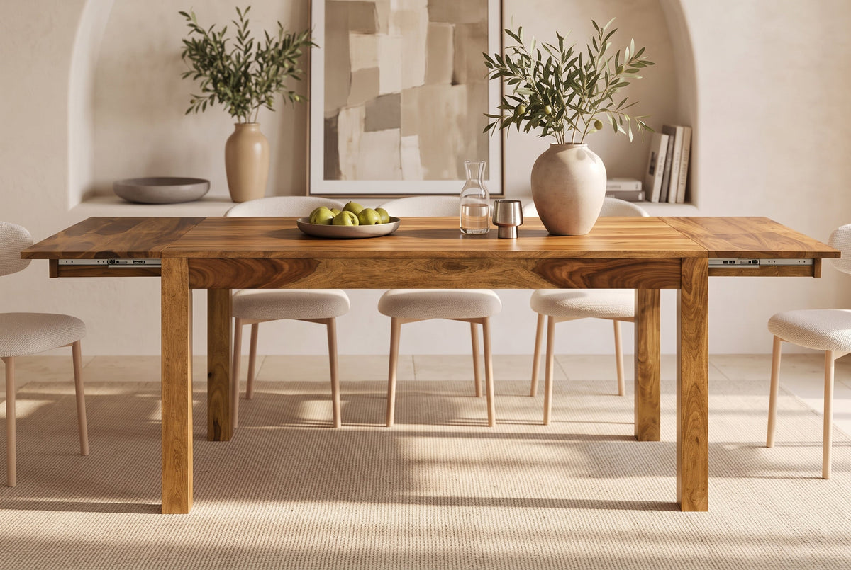 Table à manger en bois massif MAKASSAR 160-200-240cm finition pierre marron Sheesham extensible