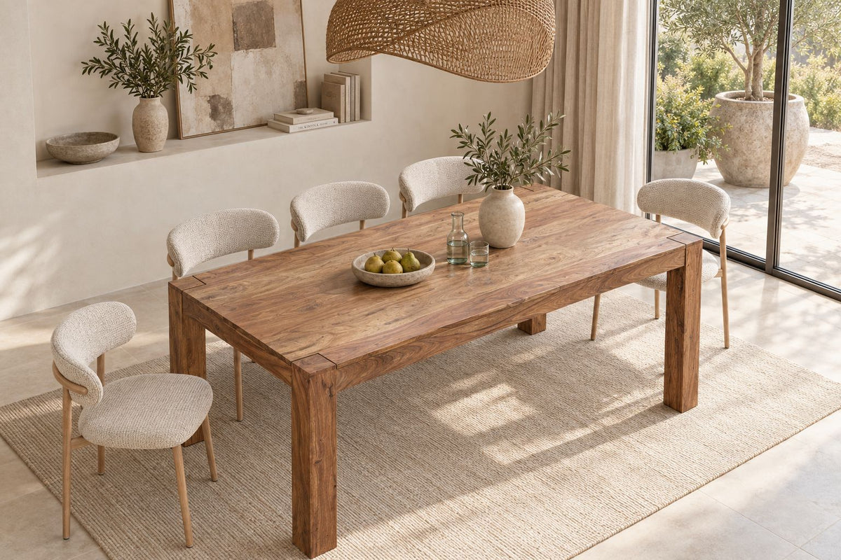 Table à manger en bois massif MAKASSAR 200cm marron Sheesham finition pierre pieds en bois rectangulaire