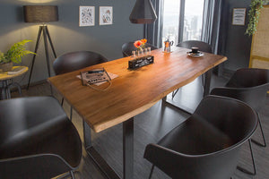 Table à manger en bois massif MAMMUT 140cm bord en acacia sauvage design industriel plateau 2,6cm