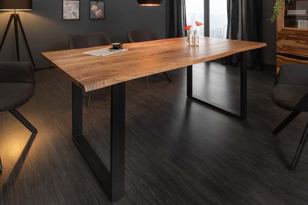 Table à manger en bois massif MAMMUT 180cm bord d’acacia sauvage design industriel plateau 2,6cm