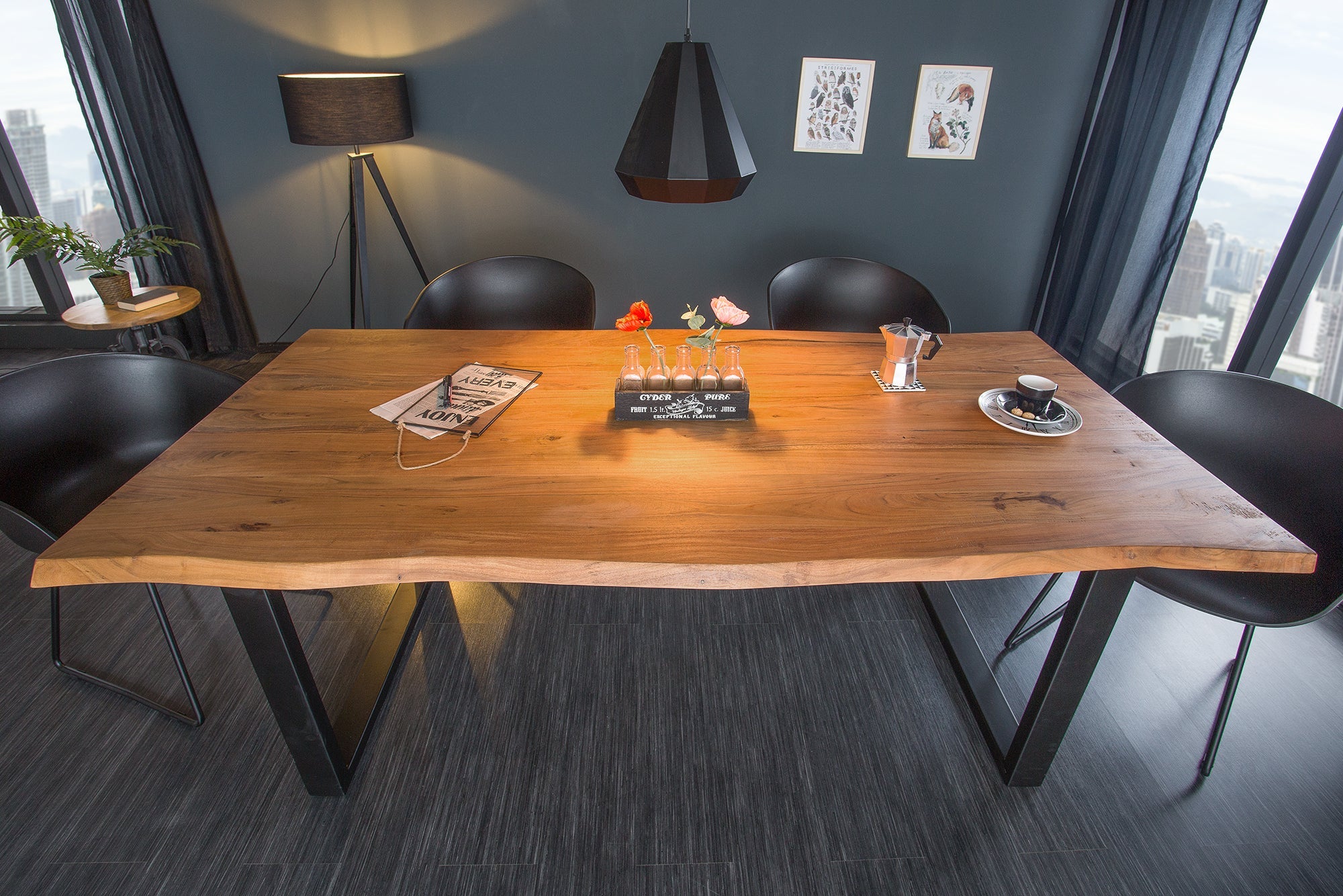 Mesa de comedor de madera maciza MAMMUT 180cm borde de acacia silvestre diseño industrial tablero 3,5cm