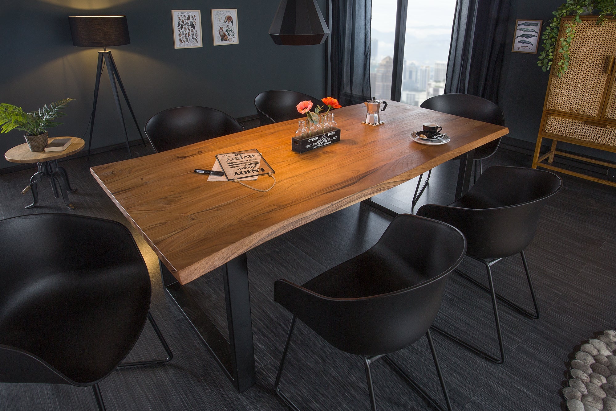 Mesa de comedor de madera maciza MAMMUT 180cm borde de acacia silvestre diseño industrial tablero 3,5cm