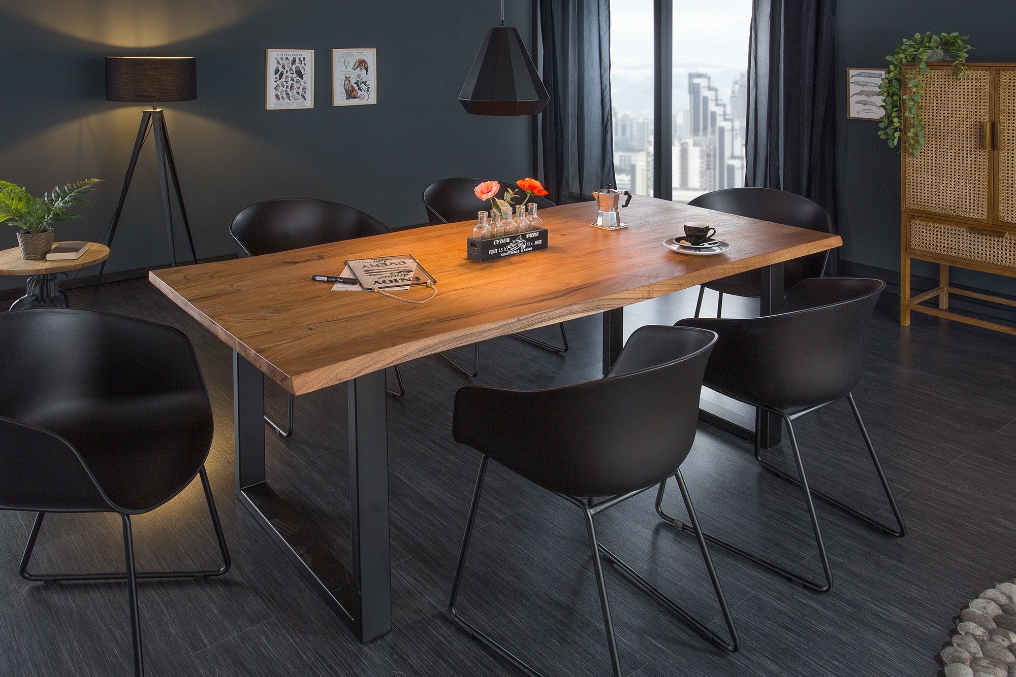 Mesa de comedor de madera maciza MAMMUT 200 cm acacia 3,5 cm tablero de metal negro borde de árbol