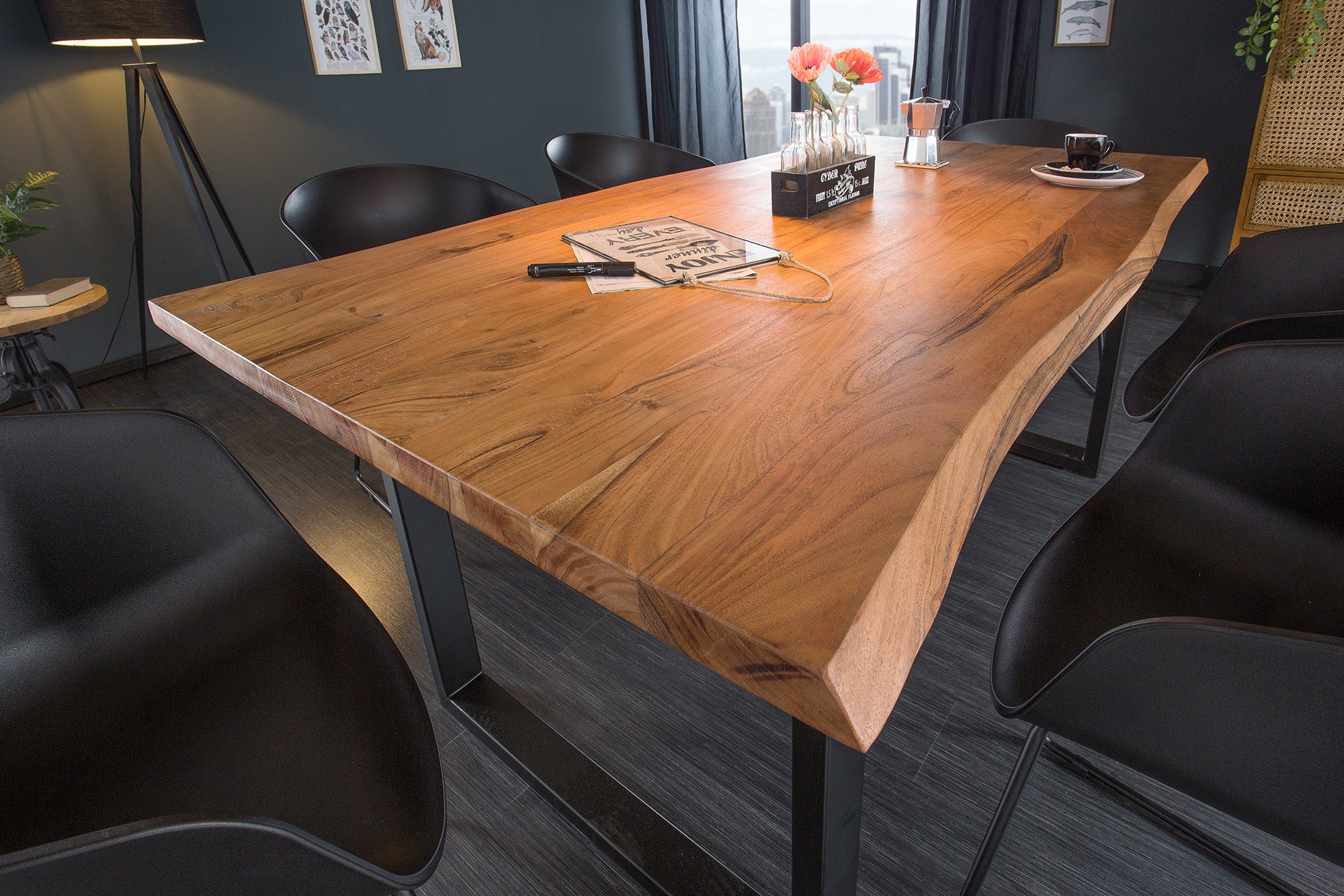 Mesa de comedor de madera maciza MAMMUT 200 cm acacia 3,5 cm tablero de metal negro borde de árbol