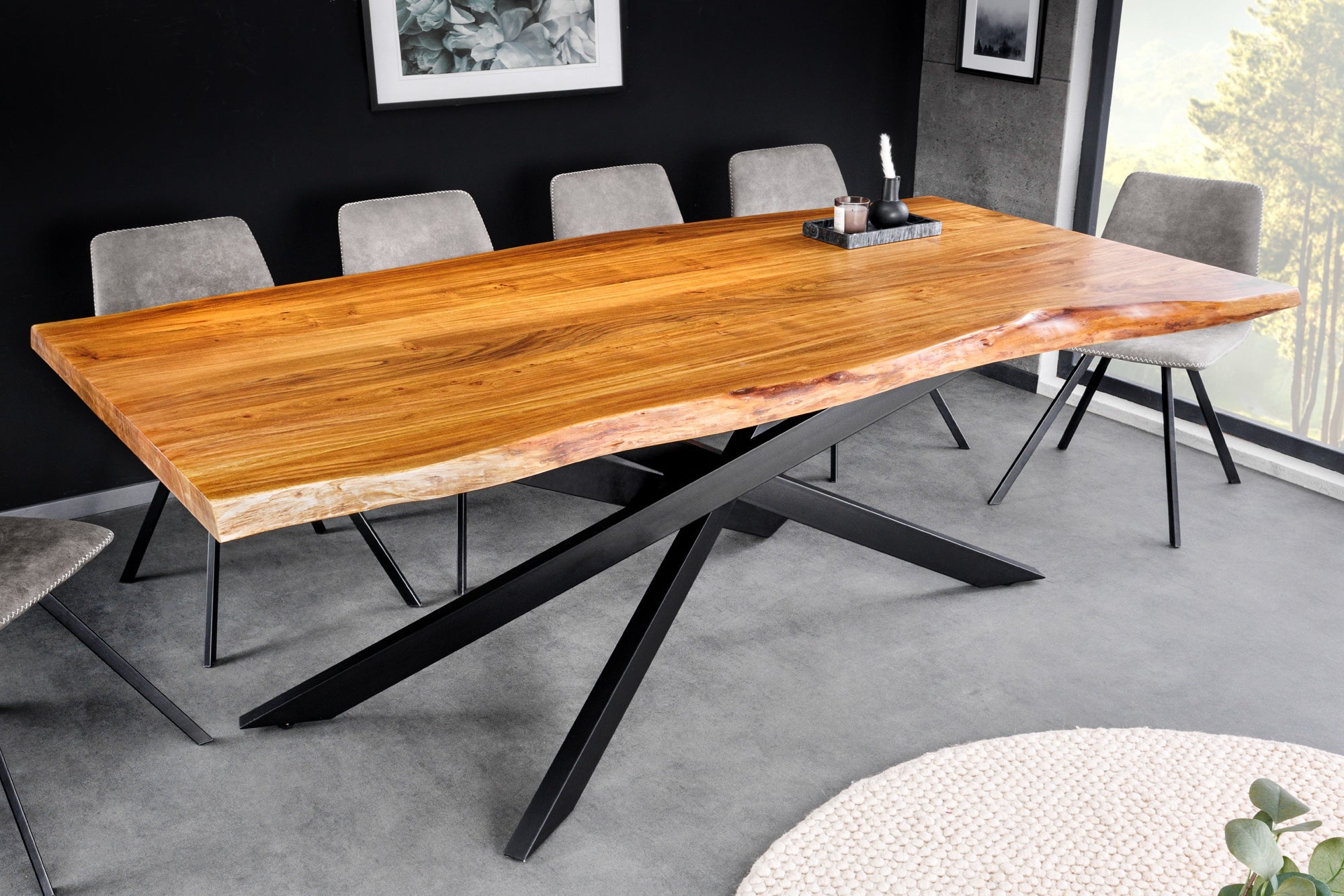 Mesa de comedor de madera maciza MAMMUT 200cm negro acacia tapa de metal borde 3,5cm