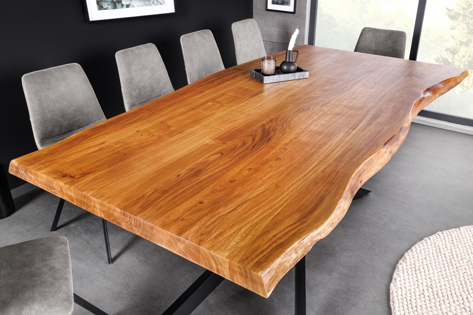 Mesa de comedor de madera maciza MAMMUT 200cm negro acacia tapa de metal borde 3,5cm
