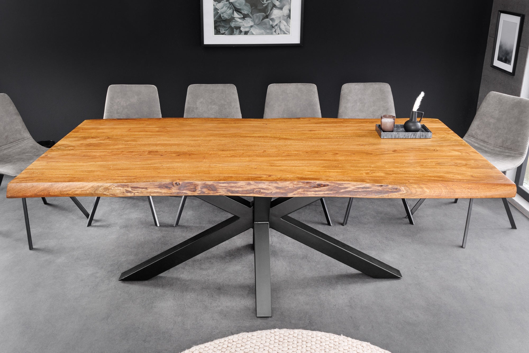 Mesa de comedor de madera maciza MAMMUT 200cm negro acacia tapa de metal borde 5cm
