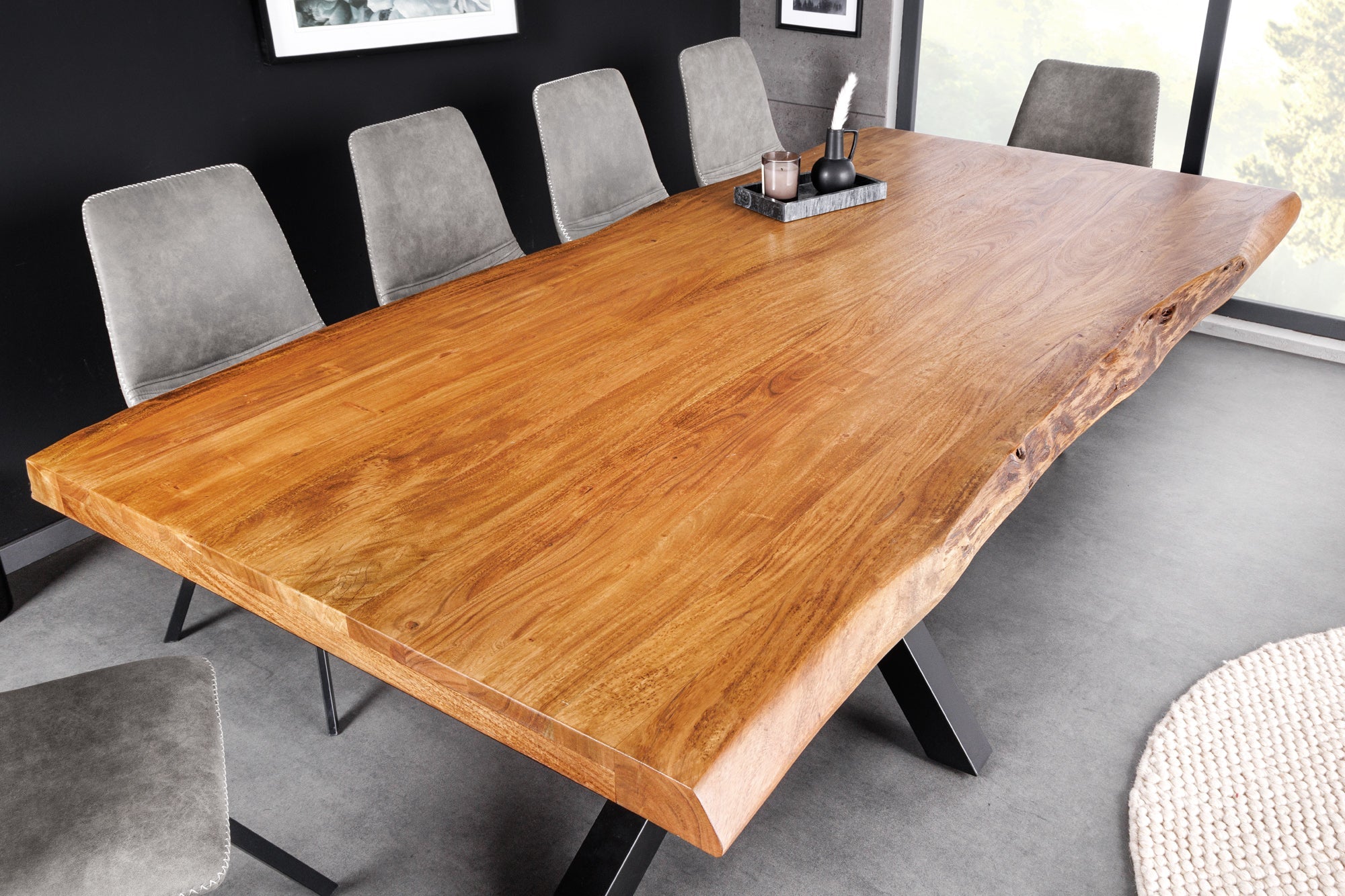 Mesa de comedor de madera maciza MAMMUT 200cm negro acacia tapa de metal borde 5cm