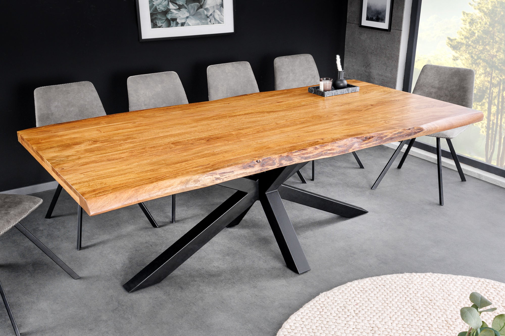 Mesa de comedor de madera maciza MAMMUT 200cm negro acacia tapa de metal borde 5cm