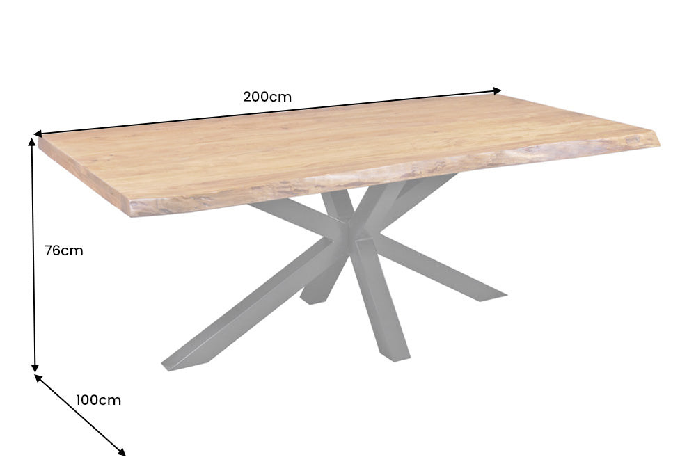 Mesa de comedor de madera maciza MAMMUT 200cm negro acacia tapa de metal borde 5cm