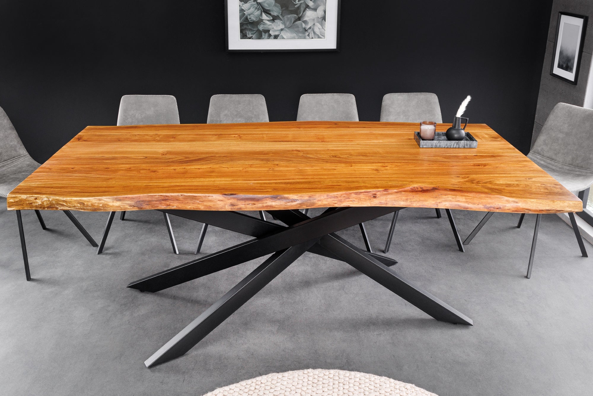 Mesa de comedor de madera maciza MAMMUT 200cm negro acacia borde de metal tapa 6cm