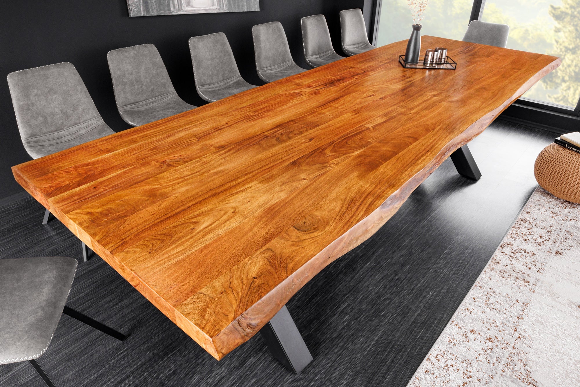 Mesa de comedor de madera maciza MAMMUT 300cm acacia X marco borde de metal negro tablero 6cm