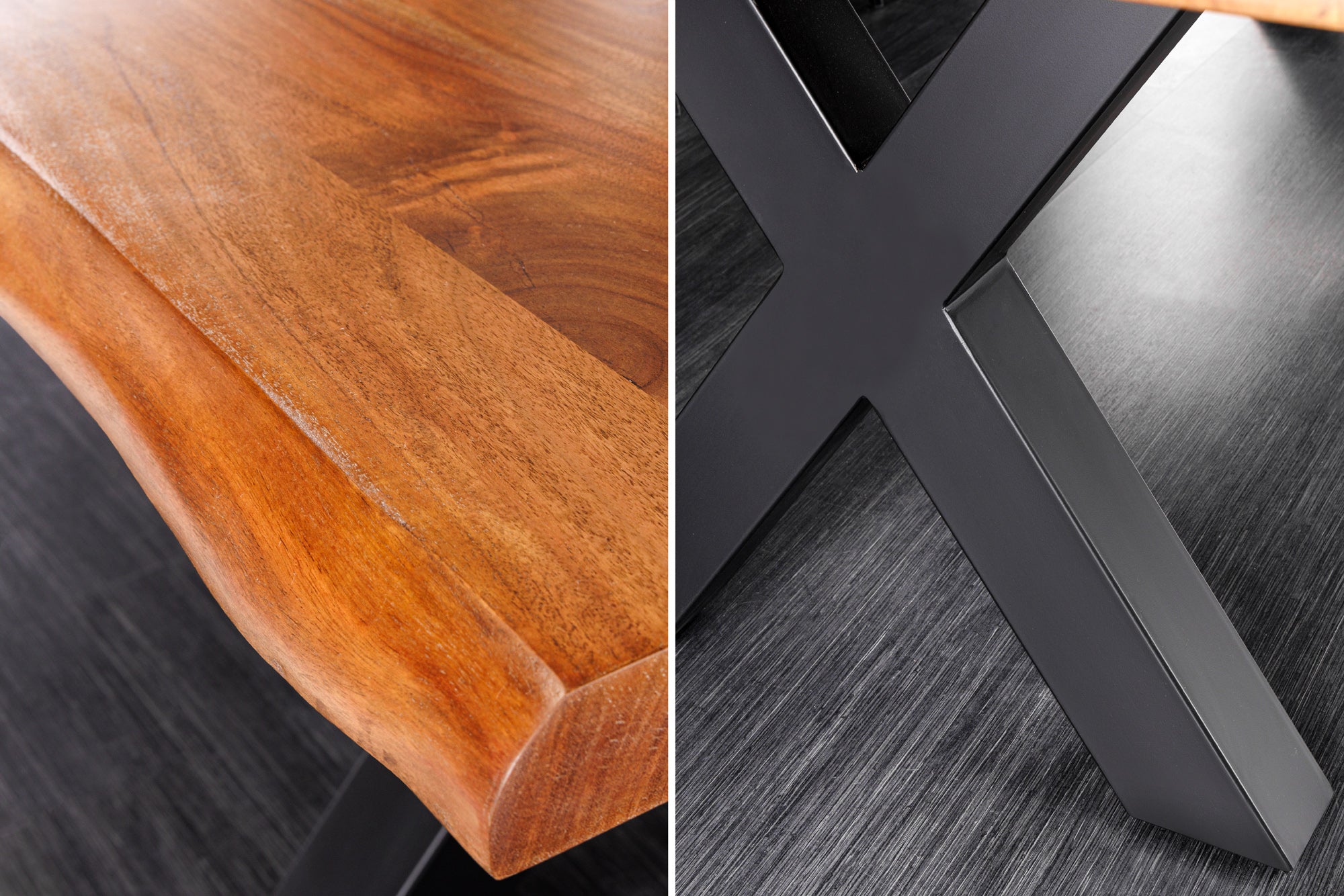 Mesa de comedor de madera maciza MAMMUT 300cm acacia X marco borde de metal negro tablero 6cm