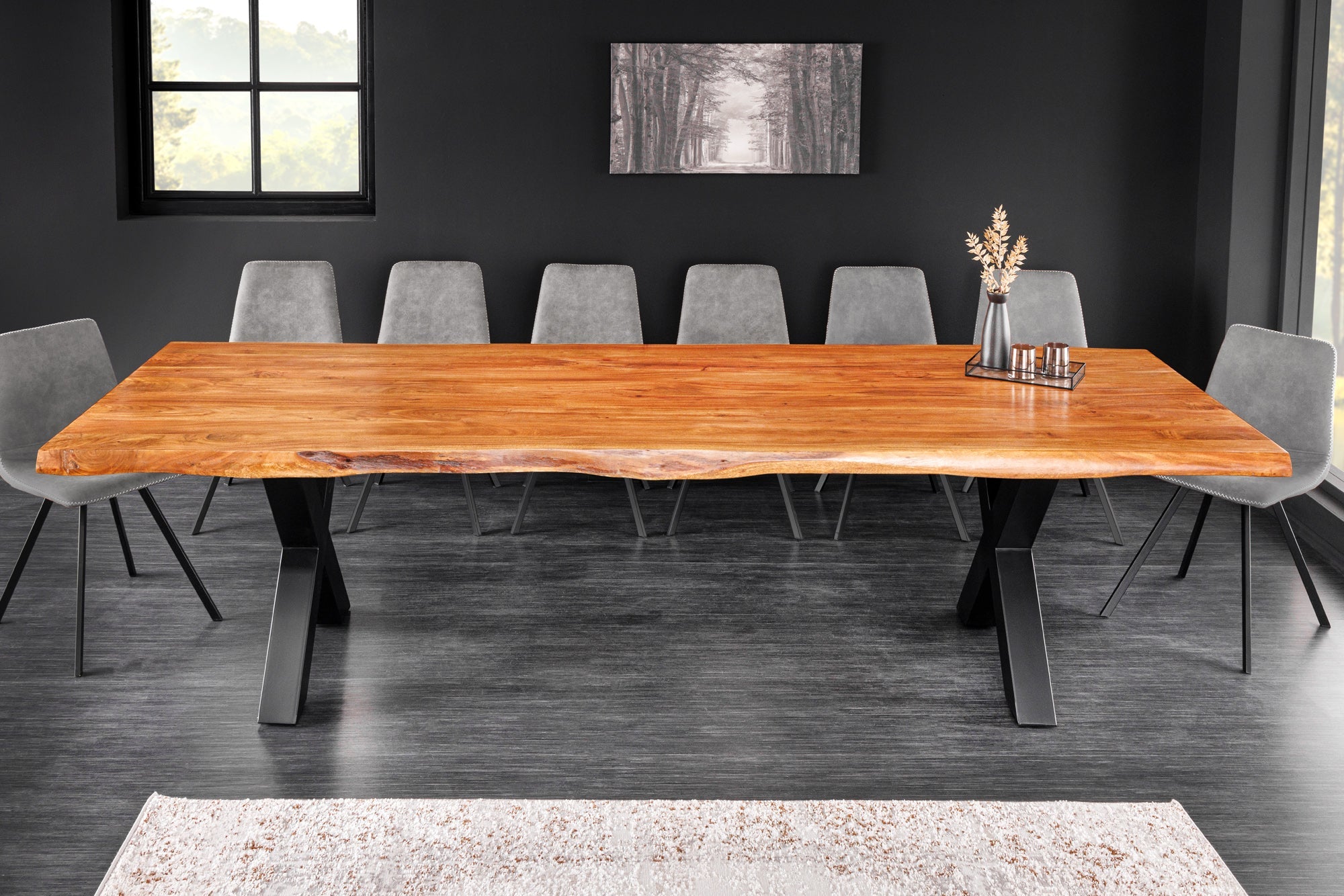 Mesa de comedor de madera maciza MAMMUT 300cm acacia X marco borde de metal negro tablero 6cm