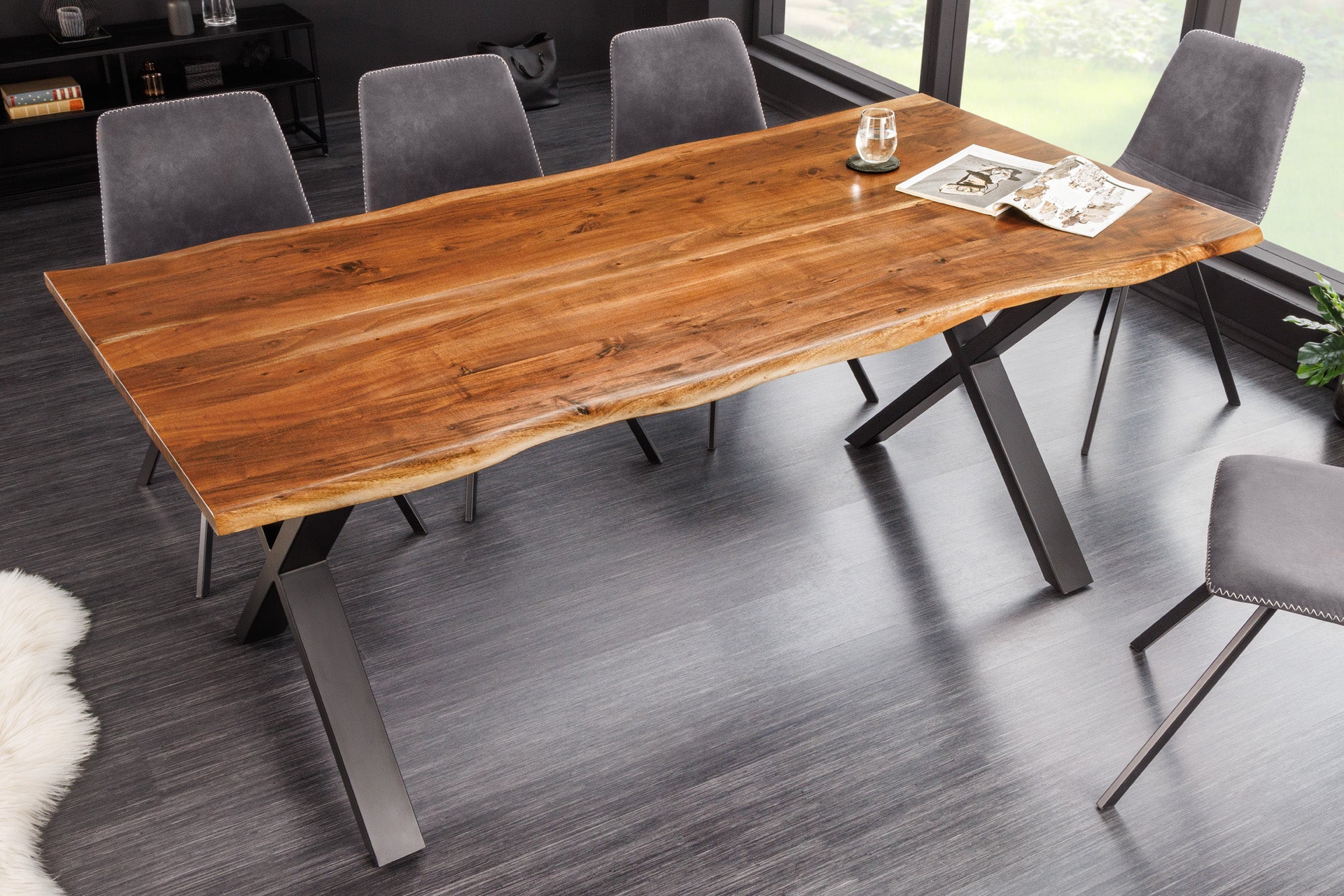 MAMMUT NATURE mesa de comedor de madera maciza 180cm borde de madera de acacia negro X marco 2.5cm tapa